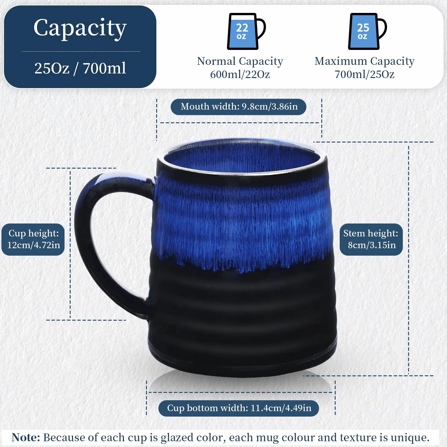 700ml Taza de Café de cerámica extra grande con asa grande, 25Oz taza de té de grand para la oficina y el hogar, apta para microondas y lavavajillas, textura esmaltada hecha a mano (Azul Estrellado)