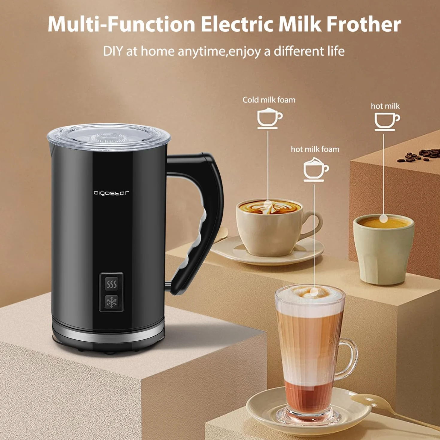 Aigostar Capu - Espumador de Leche Eléctrico 500W, 3 modos Espuma Leche Caliente/Fría para Café, Latte, Cappuccino,Chocolate, 115ml/240ml, Recubrimiento Antiadherente, Silencioso, Negro, 2 Pack