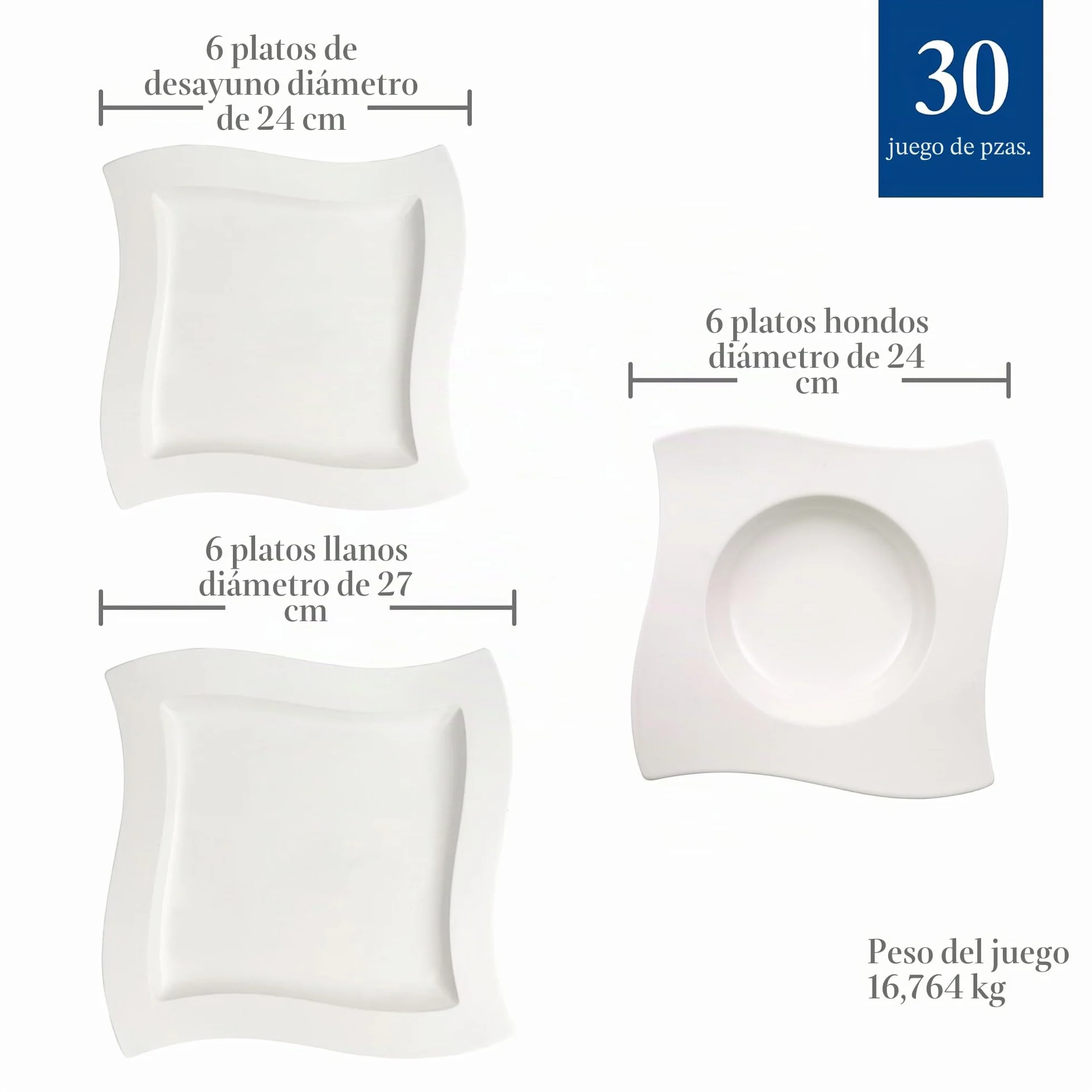 Villeroy & Boch NewWave Basic Vajilla de mesa para 6 personas, 30 piezas, Porcelana, Basic Servizio da Tavola, Blanco
