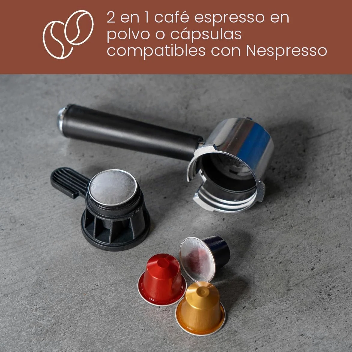 ProfiCook® cafetera espresso 2en1 para café en polvo y cápsulas compatibles Nespresso - máquina portafiltro 20 bar - con sistema de leche para latte y cappuccino- portafiltro para espresso- PC-ES 1266