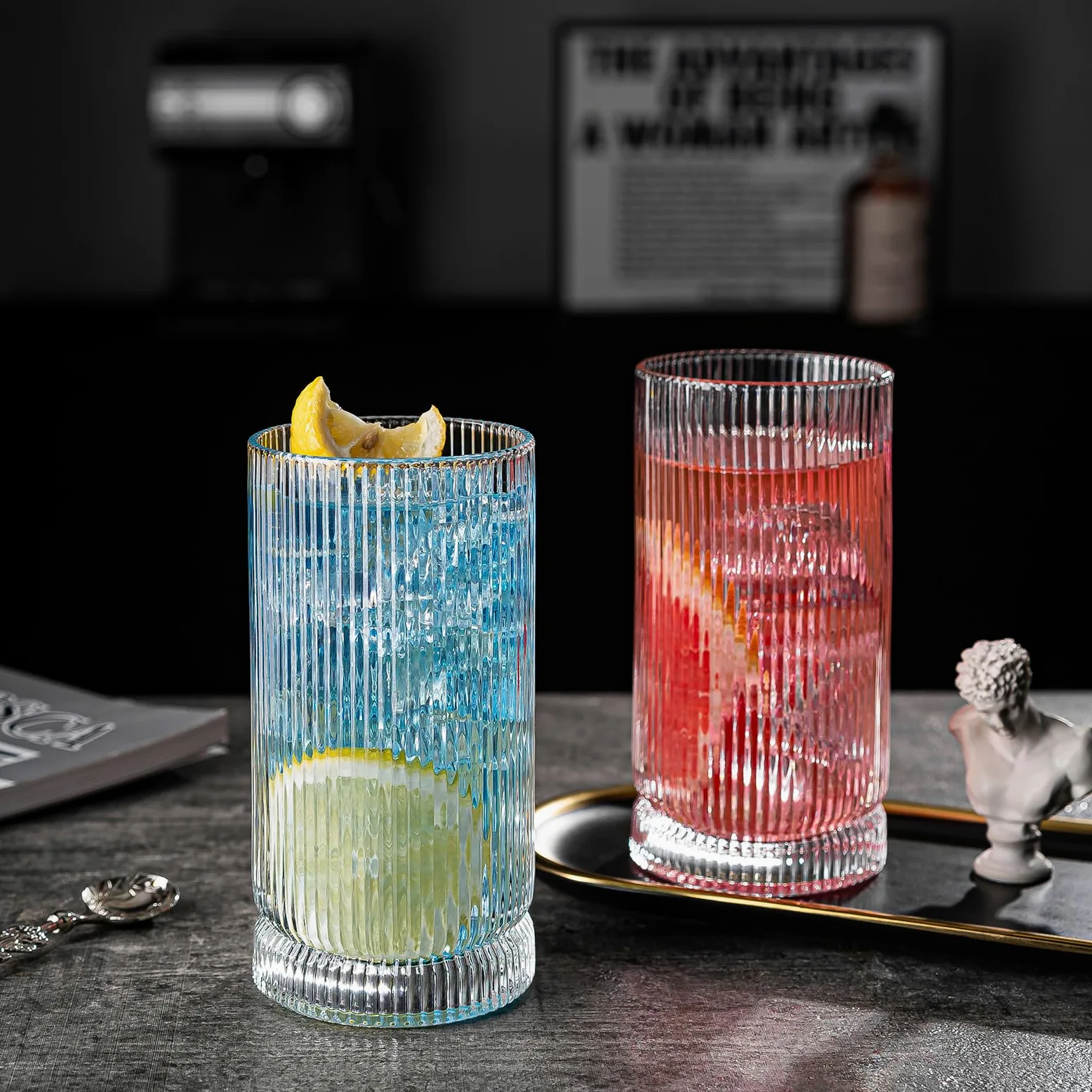 Vasos para beber, 8 vasos de vidrio estilo origami, vasos altos de 15 onzas, elegante cristalería vintage ondulada, vasos acanalados, vasos a rayas, vasos de café helado para cóctel, whisky,