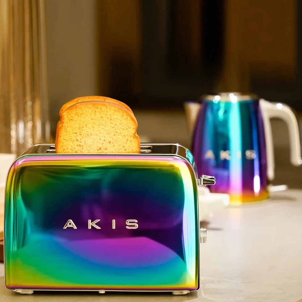 AKIS La Fête Design Tostadora y hervidor de agua de acero inoxidable en arco iris multicolor moderno