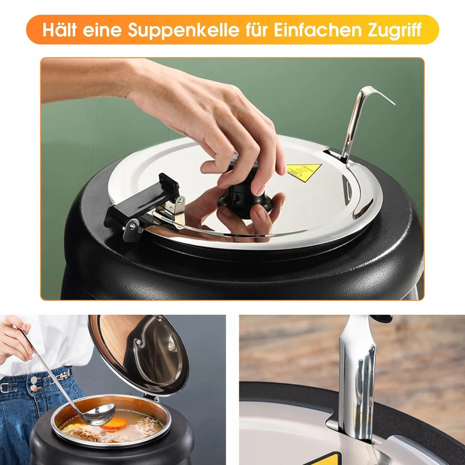 Olla Eléctrica Comercial de Acero Inoxidable, 10 Litros, Calentador para Sopa, Queso y Vino Caliente con Recipiente Extraíble, Control de Temperatura 30-85°C