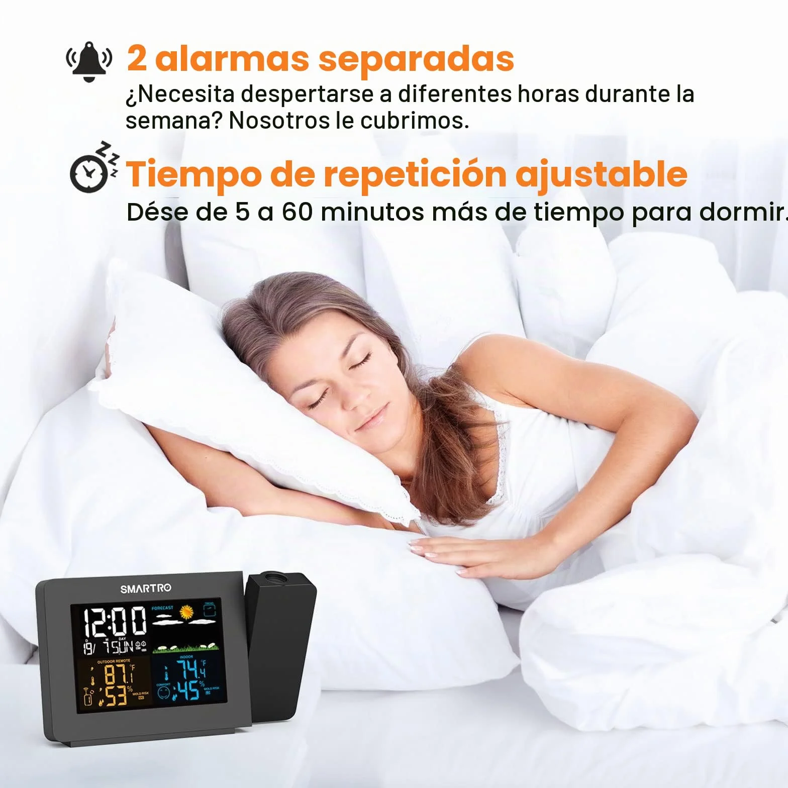 SMARTRO SC91 Despertador de proyección para dormitorios con estaciones meteorológicas, termómetros inalámbricos interiores y exteriores, monitores de temperatura y humedad y higrómetros