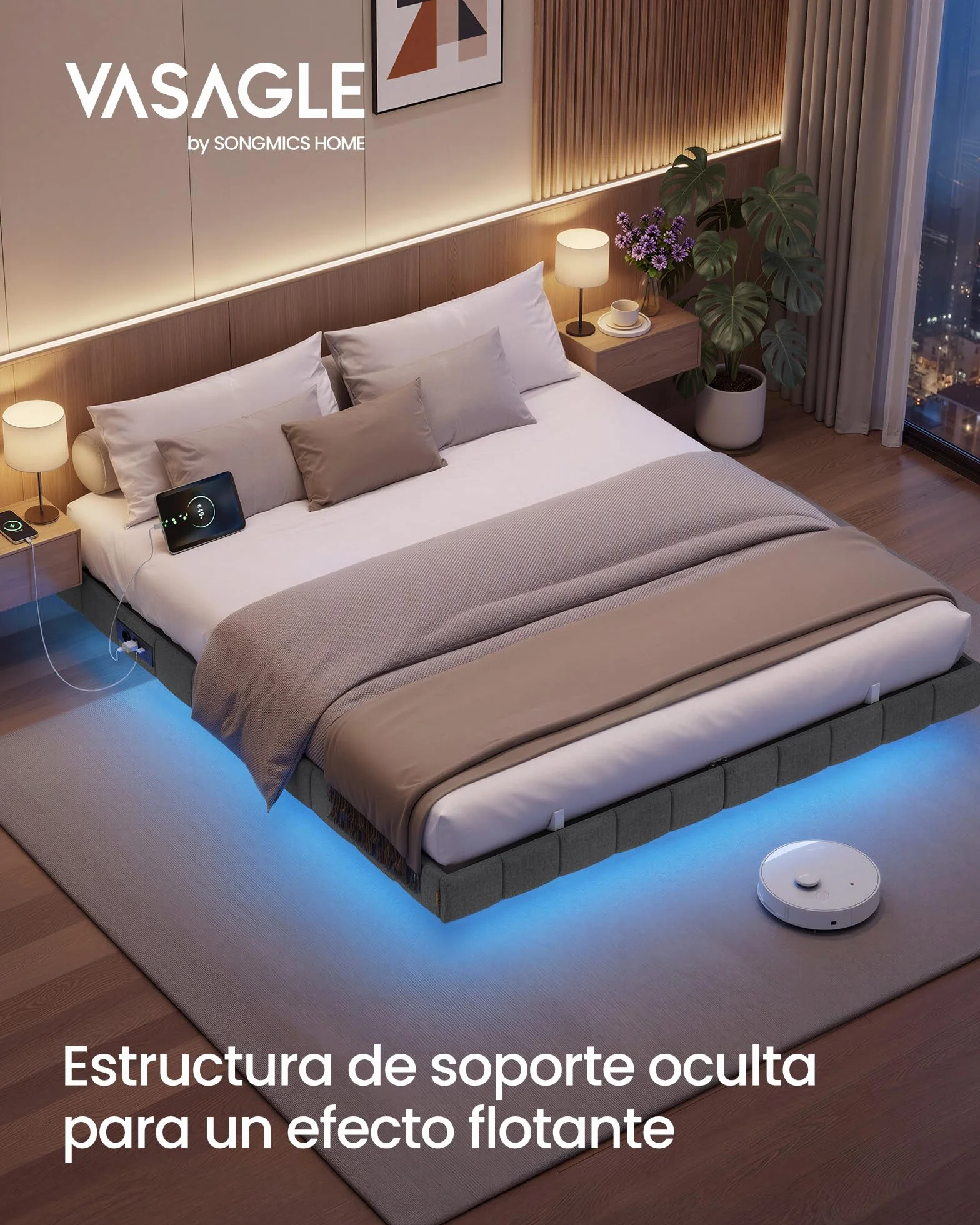 VASAGLE Marco de Cama Flotante, 160 x 200 cm, Bordes Acolchados, LED, 2 Tomas de Corriente, 1 Puerto USB-A, 1 Puerto USB-C, 1 Puerto USB-A Posterior, Carga de 500 kg, Gris Pizarra RMB165G101