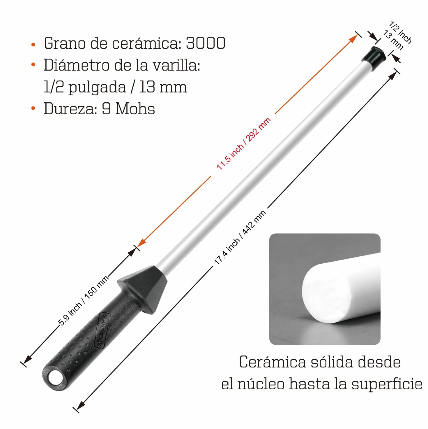 Total 45 cm/Longitud de la barra 30 cm Chaira de cerámica con guías angulares integradas y tapa anti-rotura, afilador de cuchillos de cerámica, varilla de afilado de cerámica
