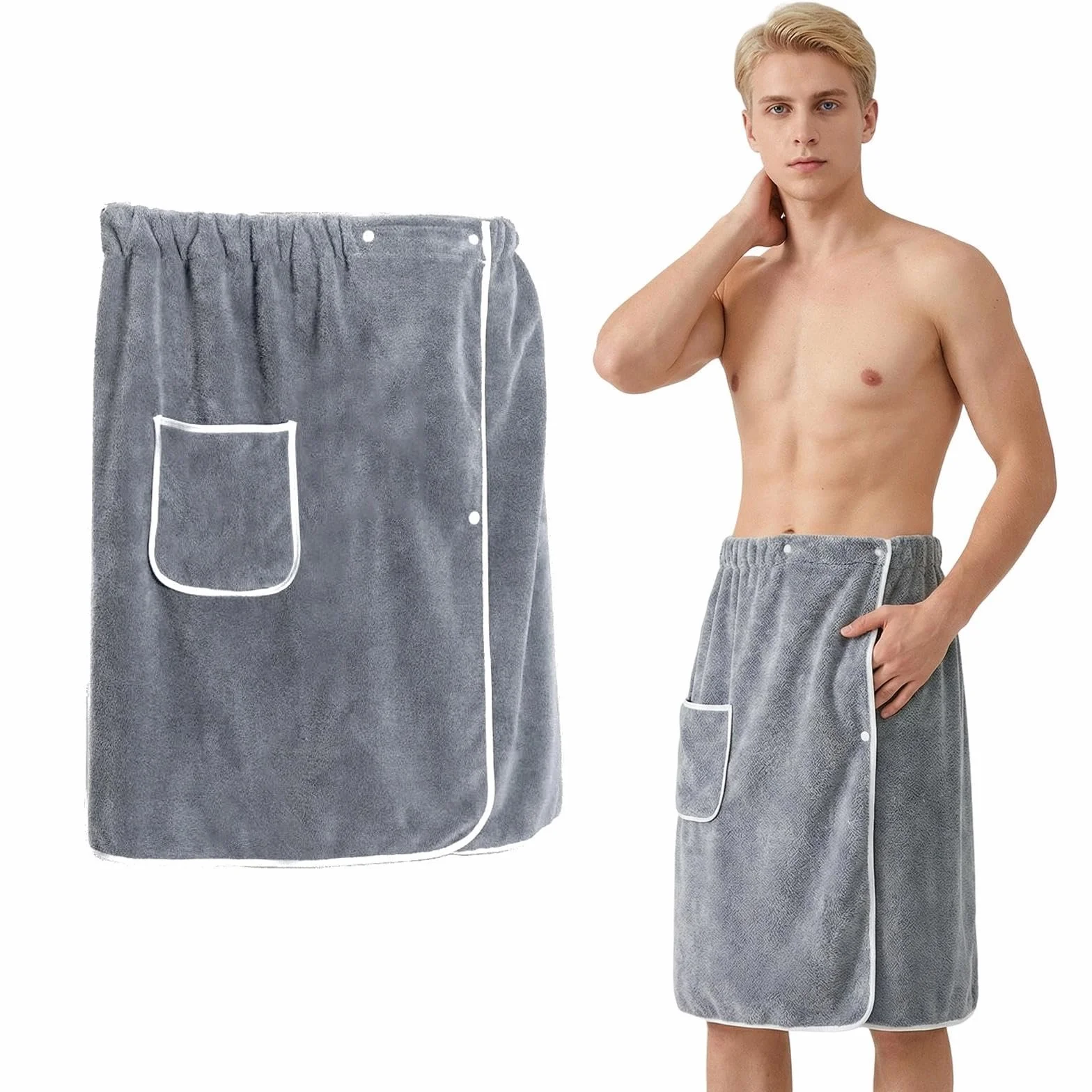 Kilt de Sauna para Hombre con Bolsillo, Toalla de Baño Elástica y Ajustable con Botones, 65 x 140 cm - Suave Felpa para SPA, Gimnasio, Ducha, Playa y Hogar, Color Gris