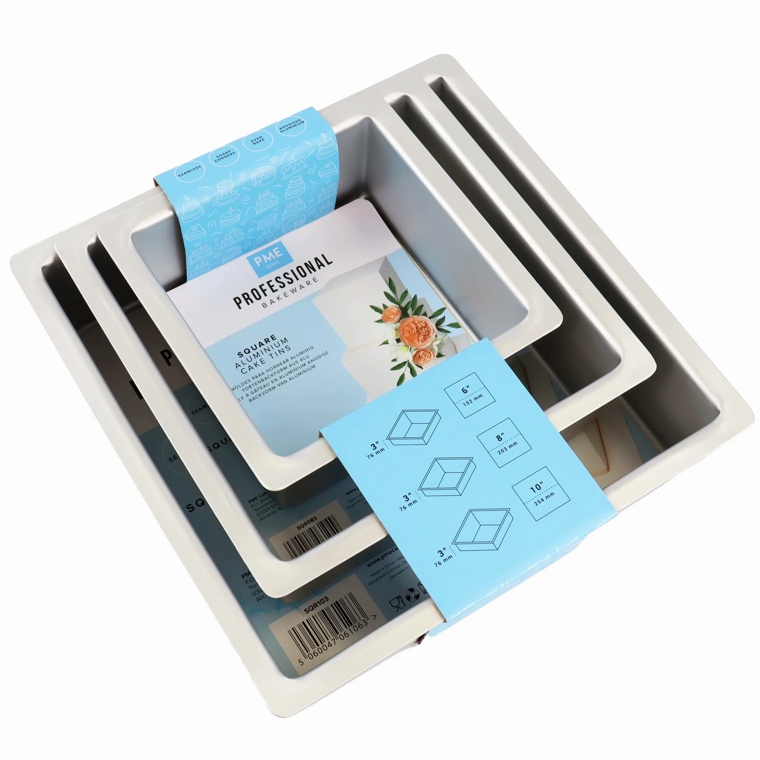 PME Moldes Cuadrados de 15, 20, 25 cm x 7,5 cm de Altura, Juego de 3