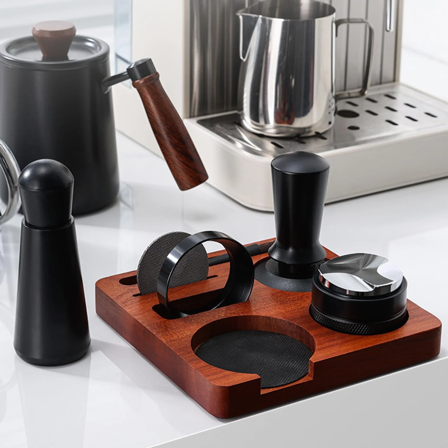 Kit de accesorios para espresso 7 piezas, juego de manipulación de café de 51 mm/58 mm con herramienta WDTde manipulación de café, embudo dosificador, cepillo de pantalla, estación de apisonamiento