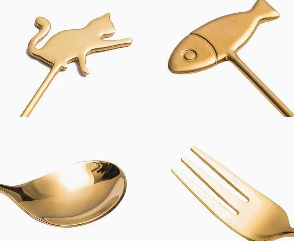 Cucharas de café y tenedores for pasteles, juego de 4 piezas de cubiertos de postre Lindo juego de 2 tenedores y 2 cucharas de acero inoxidable dorado Tenedor for ensalada de frutas Postre Pastel Café