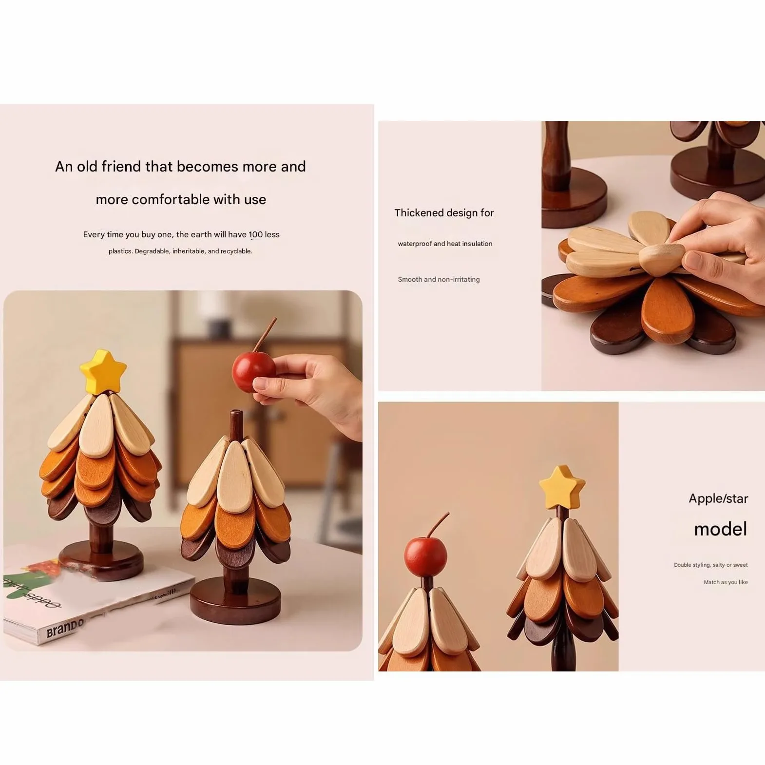 Juego de manteles individuales de Navidad, salvamanteles de madera, posavasos, salvamanteles de madera para platos calientes, soporte para sartén caliente, juego de salvamanteles para árbol de Navidad