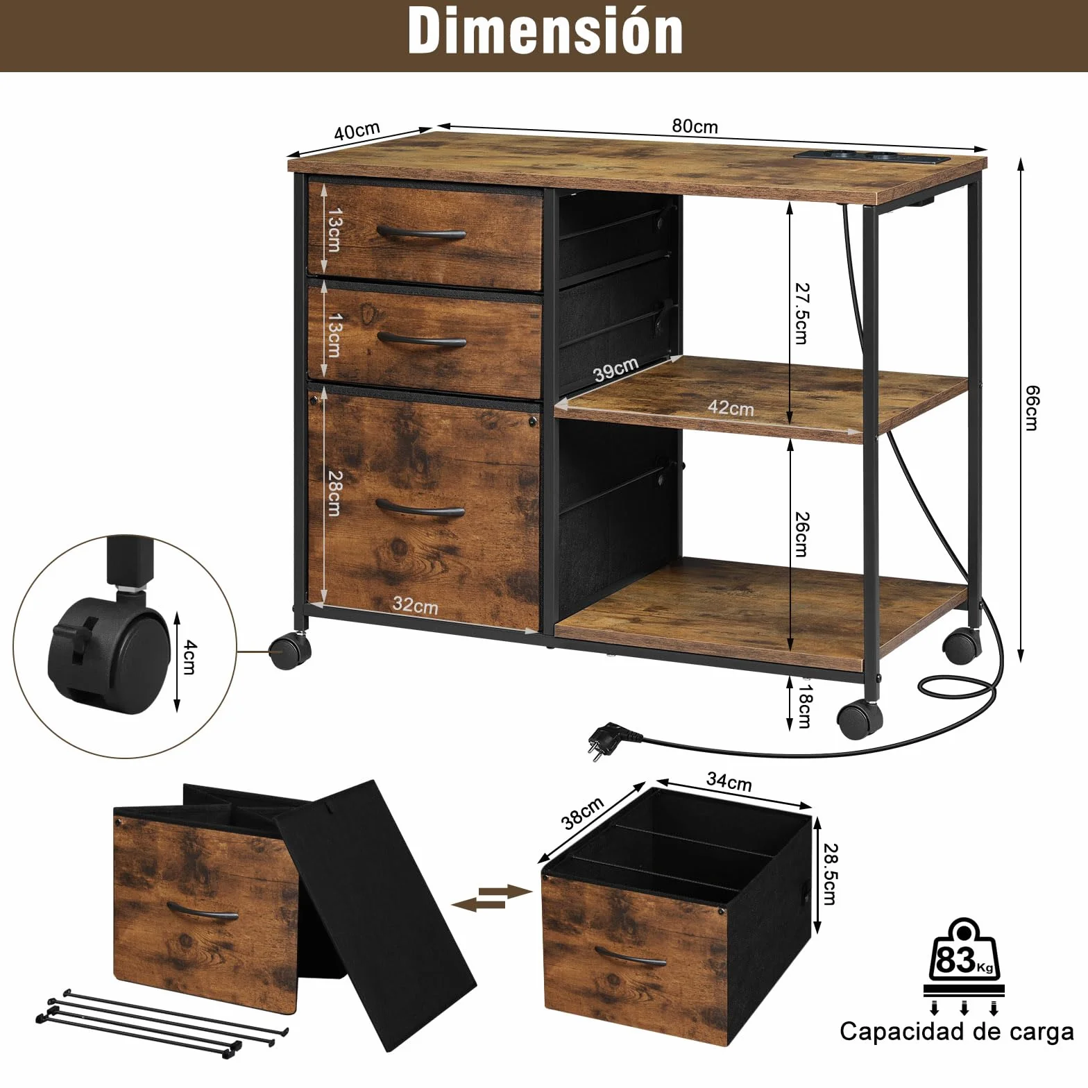 WOLTU Cajonera Móvil con Ruedas, Armario Archivador Movil de 3 Cajones, Gabinete de Metal con Enchufes y Puerto USB, para Oficina y Estudio, 80x40x66 cm, ASK07shm