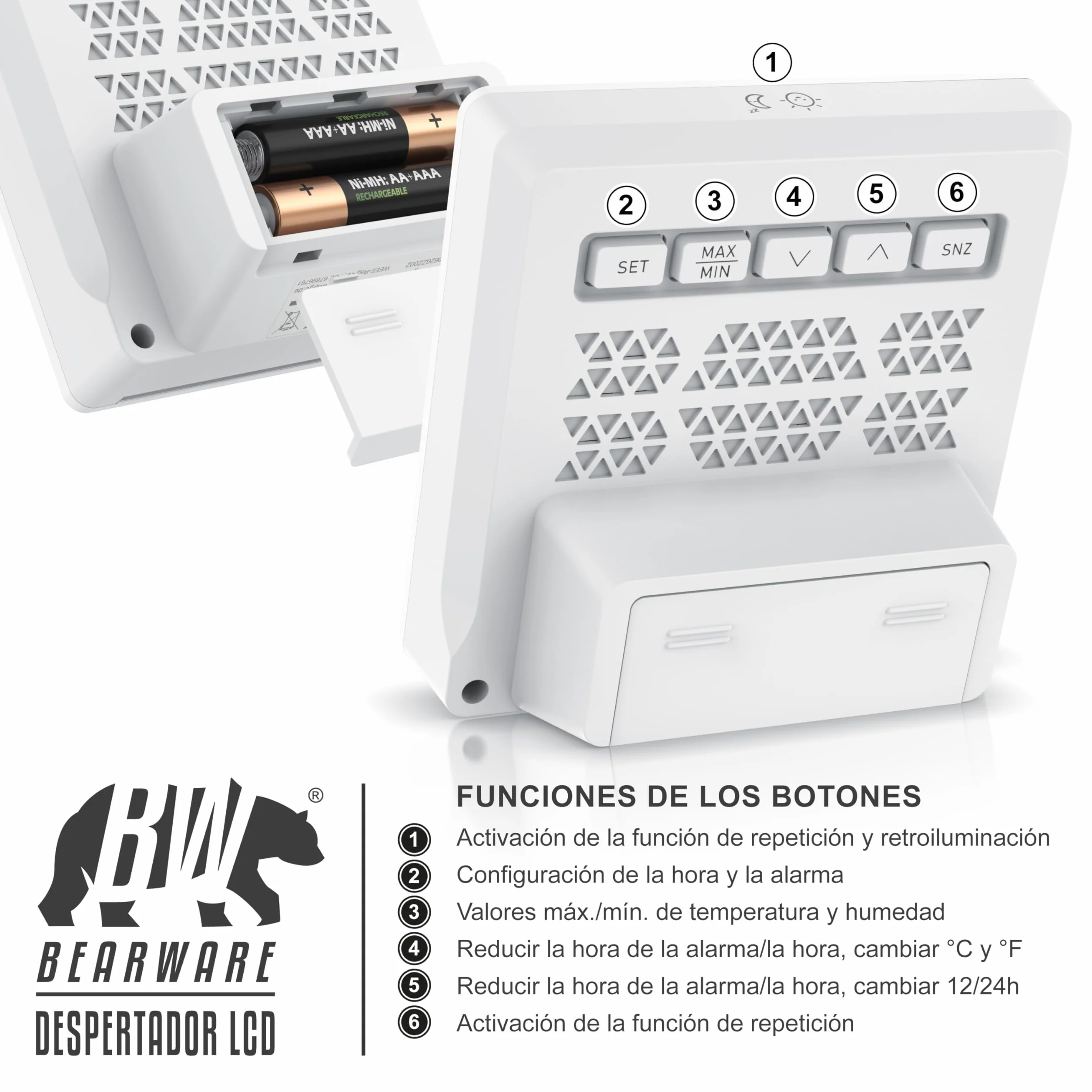Reloj Despertador Digital con 10,3cm Pantalla LED de Temperatura Humedad Fecha y día, Alarm Cloc Snooze Termómetro Formato 12/24 horas, Reloj digital de Mesa de Viaje para Sala de Oficinas Familiares