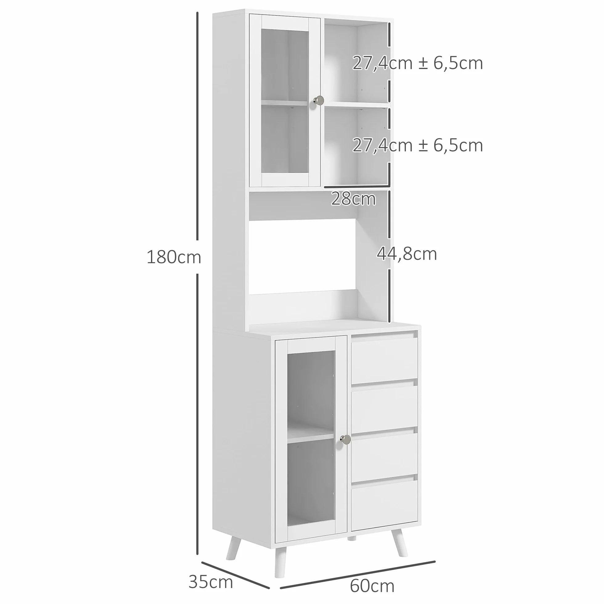 HOMCOM Alacena de Cocina Armario de Cocina Buffet Aparador con 2 Puertas de Vidrio Compartimentos Abiertos 4 Cajones y Estantes Ajustables 60x35x180 cm Blanco
