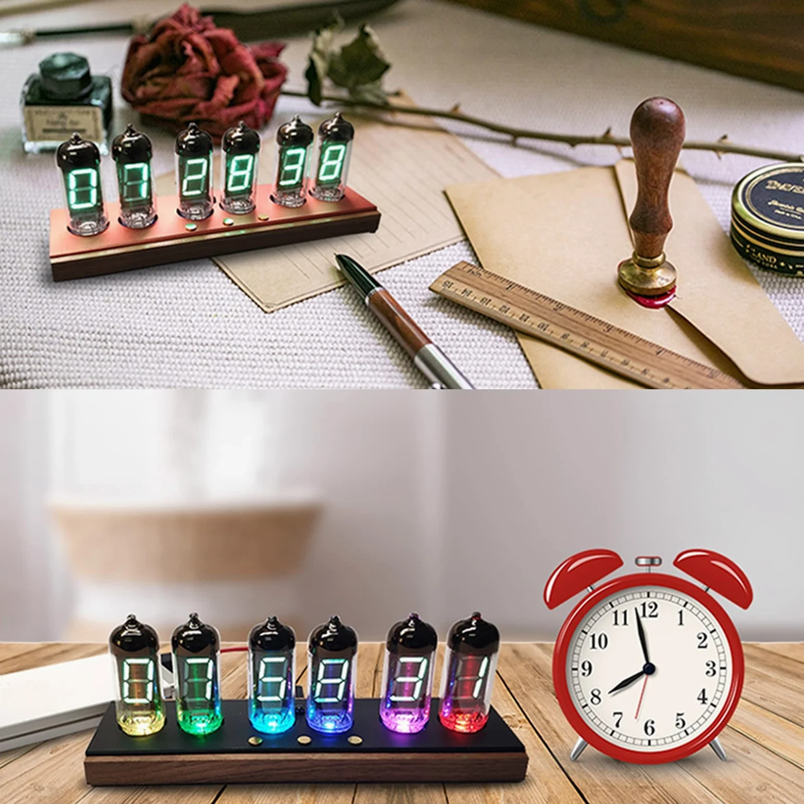 Regalos Personalizados, Reloj Bluetooth para Dormitorio, Reloj de Escritorio Digital Luminoso Retro, Ajuste de Alarma, Control Remoto Bluetooth/infrarrojo, Brillo de Colo