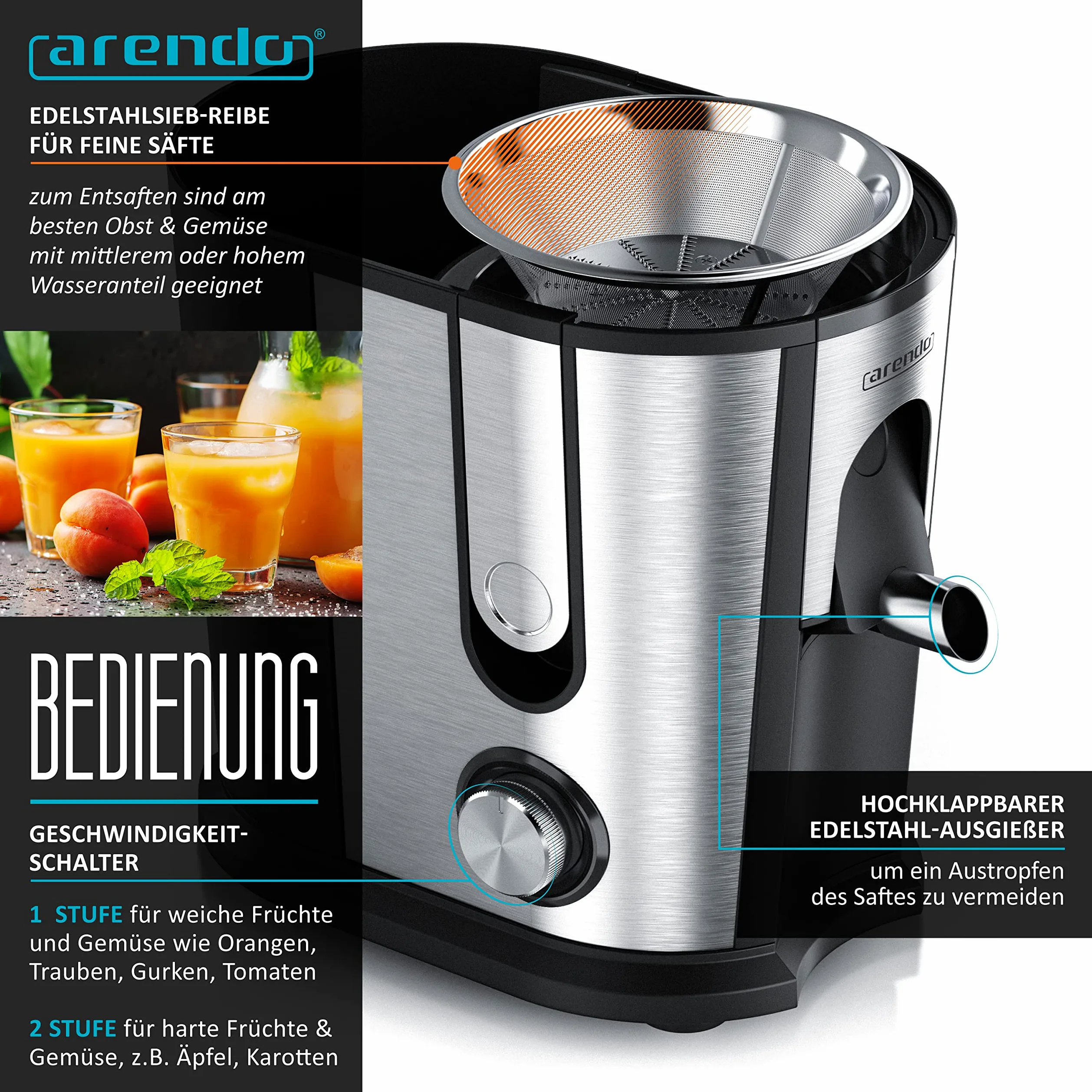 arendo - Exprimidor de Frutas y Verduras en Acero Inoxidable, Extractor centrífugo de zumos, eléctrico, con 2 velocidades, protección contra sobrecalentamiento, Carcasa de Acero Inoxidable, sin BPA