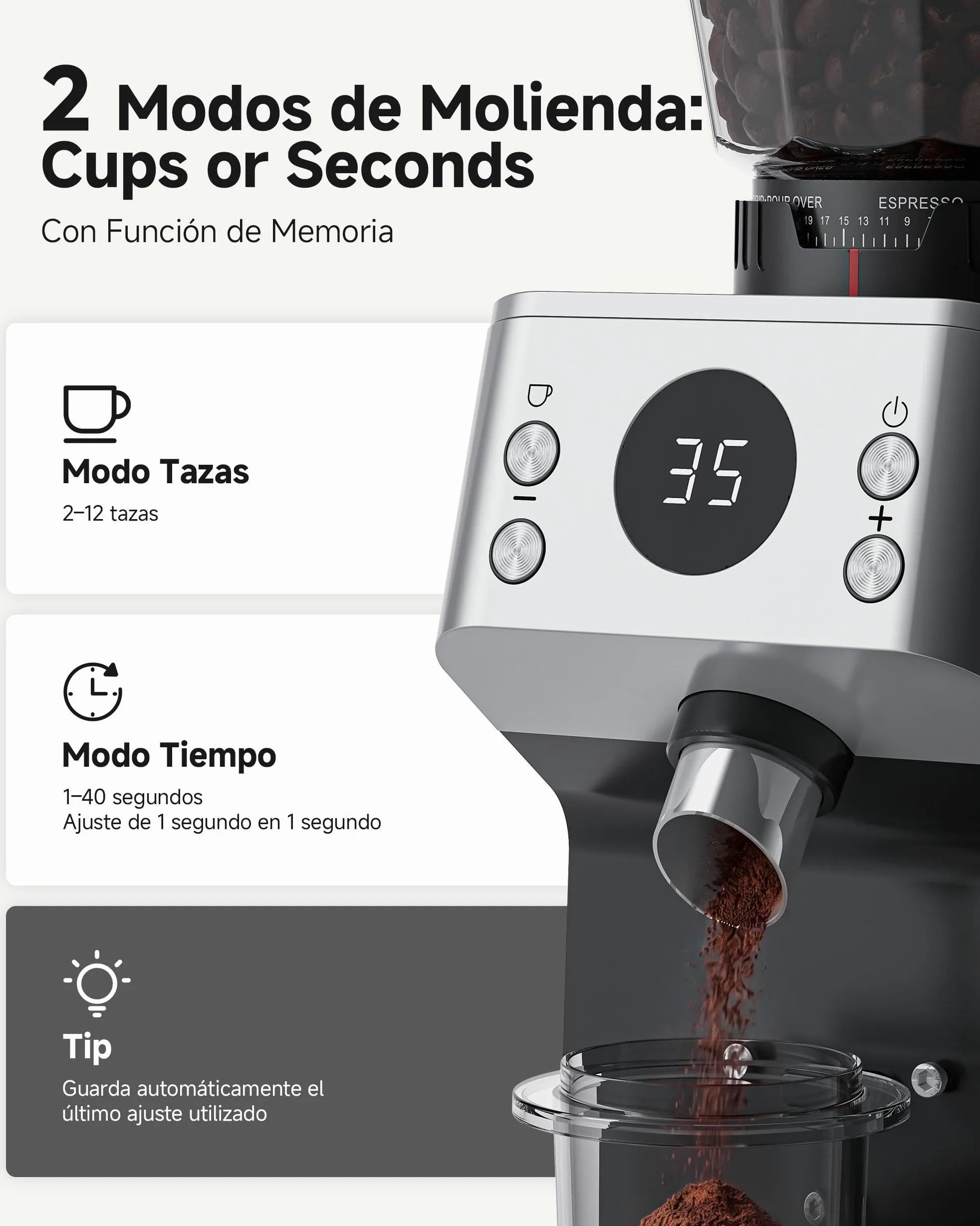 AAOBOSI Molinillo de Café Eléctrico, 45 Niveles, Muelas Cónicas de Acero | Sistema Antiestático Plasma, memoria, tiempo/tazas programables, depósito de 300 g, para espresso y café filtrado