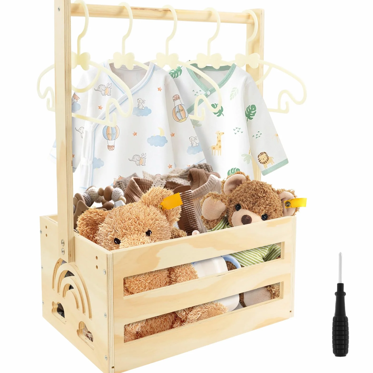 Cesta de regalo para bebé de madera con asa y 5 percheros, personalizada para recién nacidos