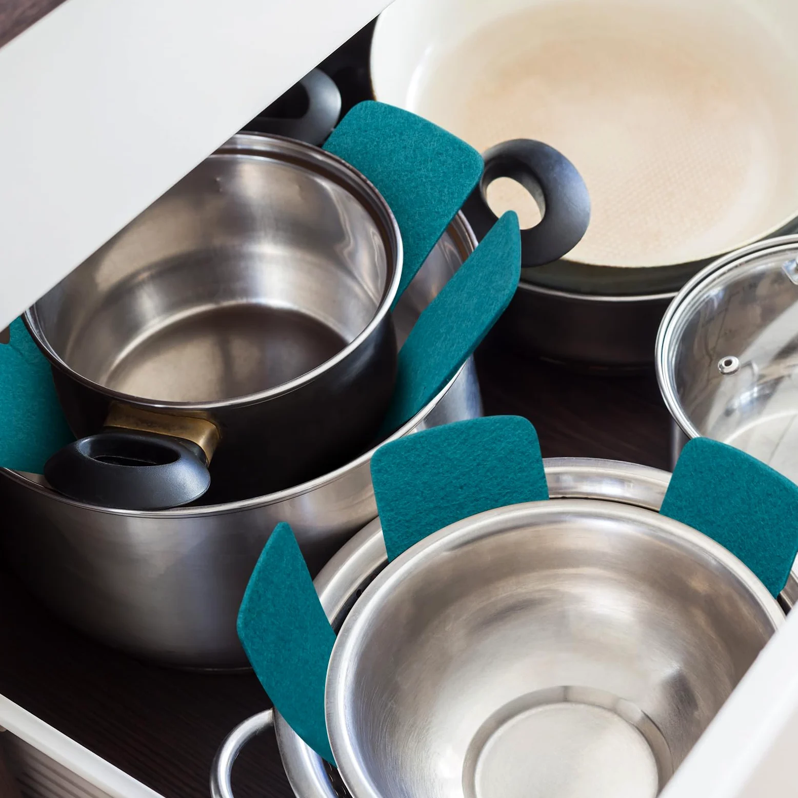 40 protectores de ollas y sartenes, 5 tamaños diferentes, protectores de utensilios de cocina, separadores de ollas, almohadillas separadoras apilables para proteger y separar sartenes (azul lago