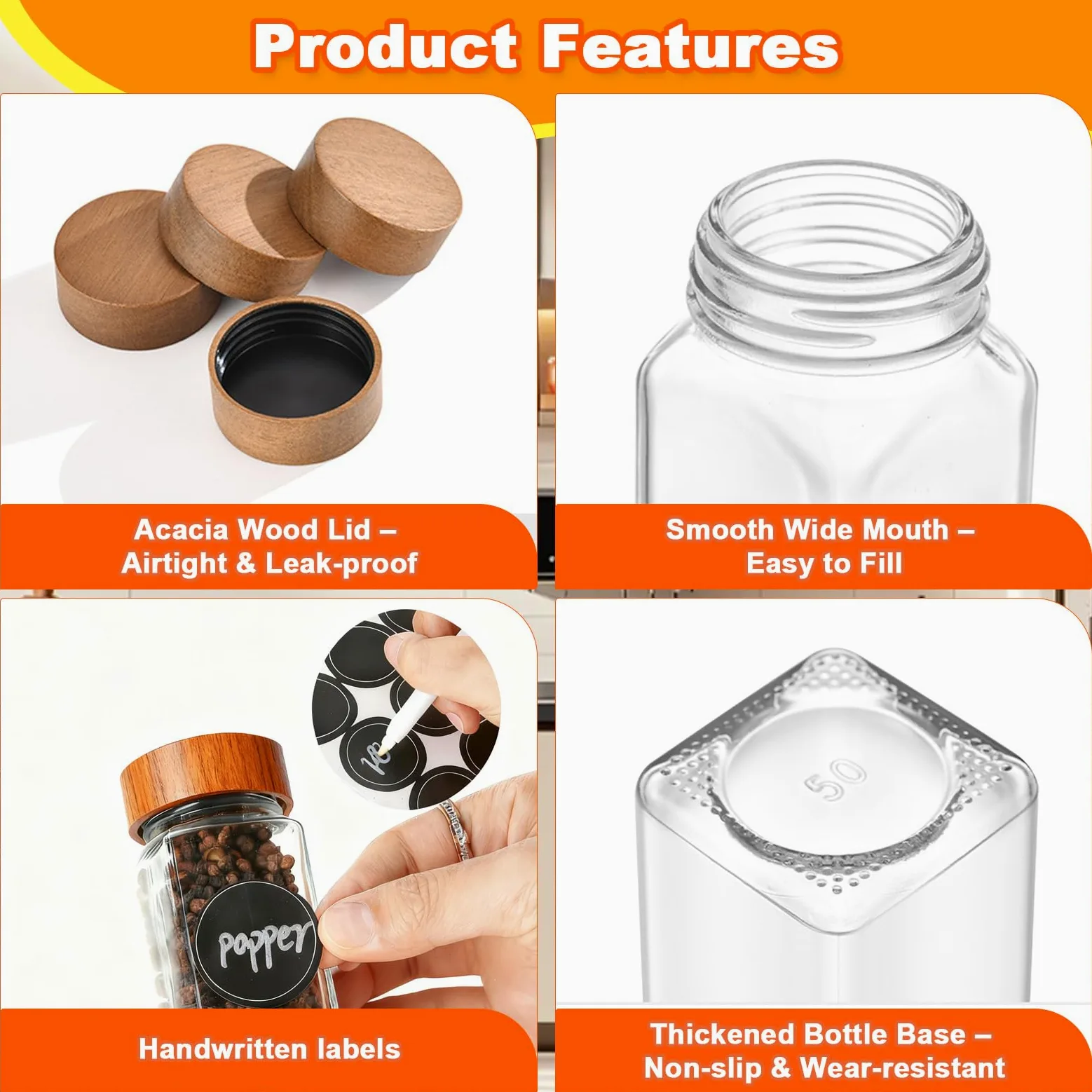 24 x Botes Especias Cristal 120ml con Tapa de Madera, Etiquetas, Embudo y Bolígrafo, Frascos Especiarias Cuadrados,Tarros de Vidrio Herméticos,Botellas de Condimentos para Cajones y Armarios de Cocina