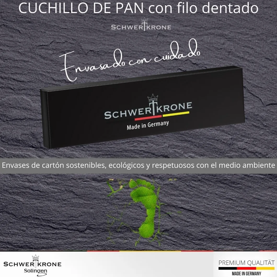 Schwertkrone Solingen - Cuchillo de pan con filo ondulado (acero inoxidable, hoja de 19 cm, apto para lavavajillas, fabricado en Alemania)