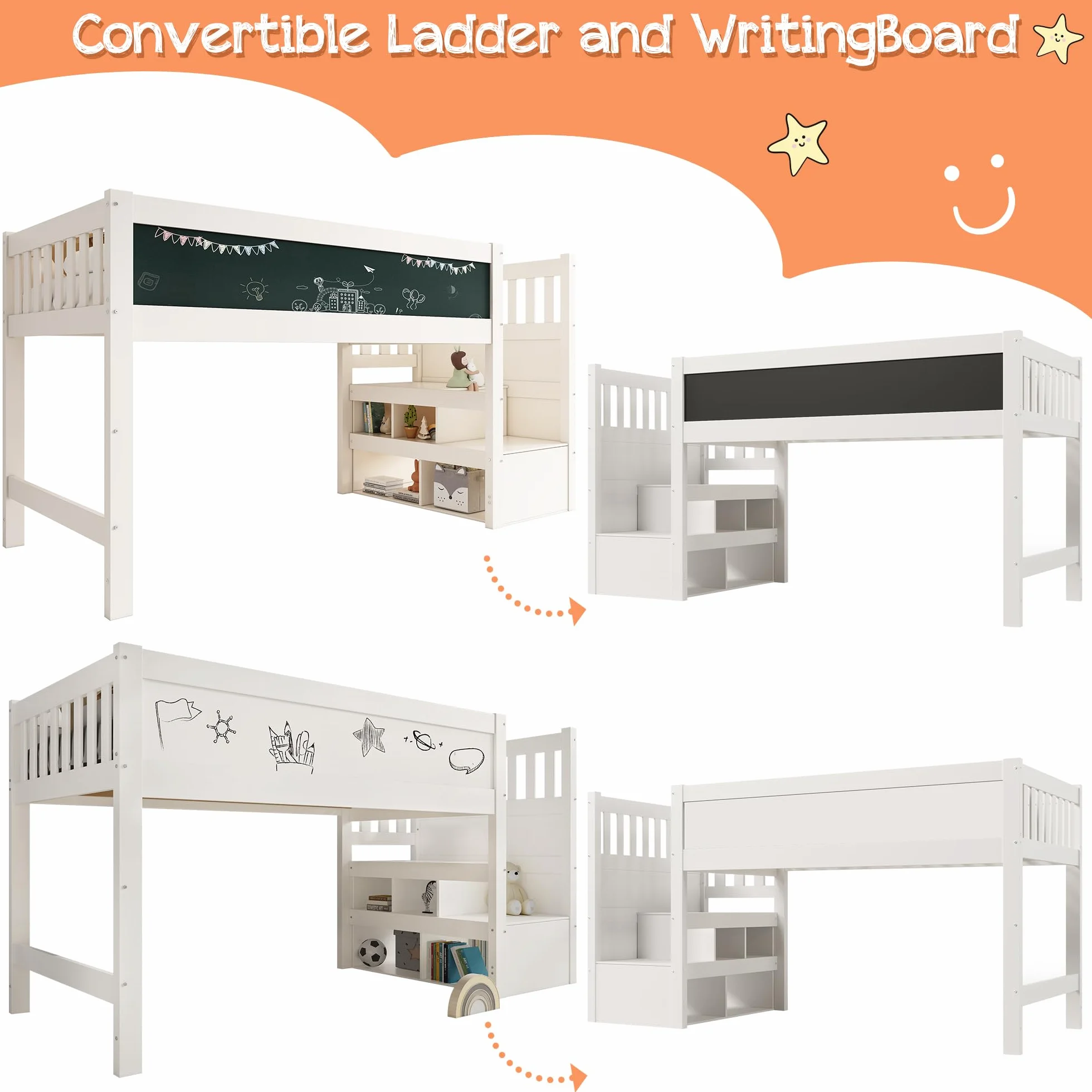 LAKFEW Cama Infantil Cama Alta 90x200 cm con Escalera de Almacenamiento y Pizarra, Camas Infantiles con Protección Anticaída, Cama para Niños, Camas Altas de Madera, Blanco, Sin Colchon