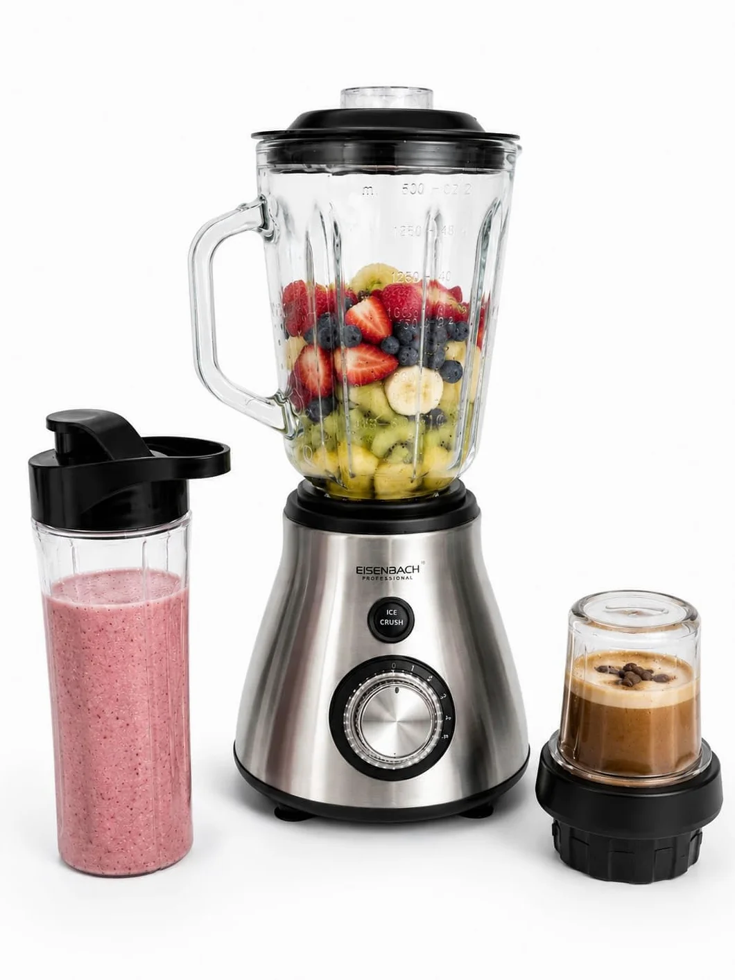 Licuadora Eléctrica Profesional 3 en 1 800W, Vaso de Vidrio 1.5L, Molinillo para Café y Especias, Botella Portátil 600 ml, 5 Velocidades + Función Ice Crush, 220-240V 50/60Hz