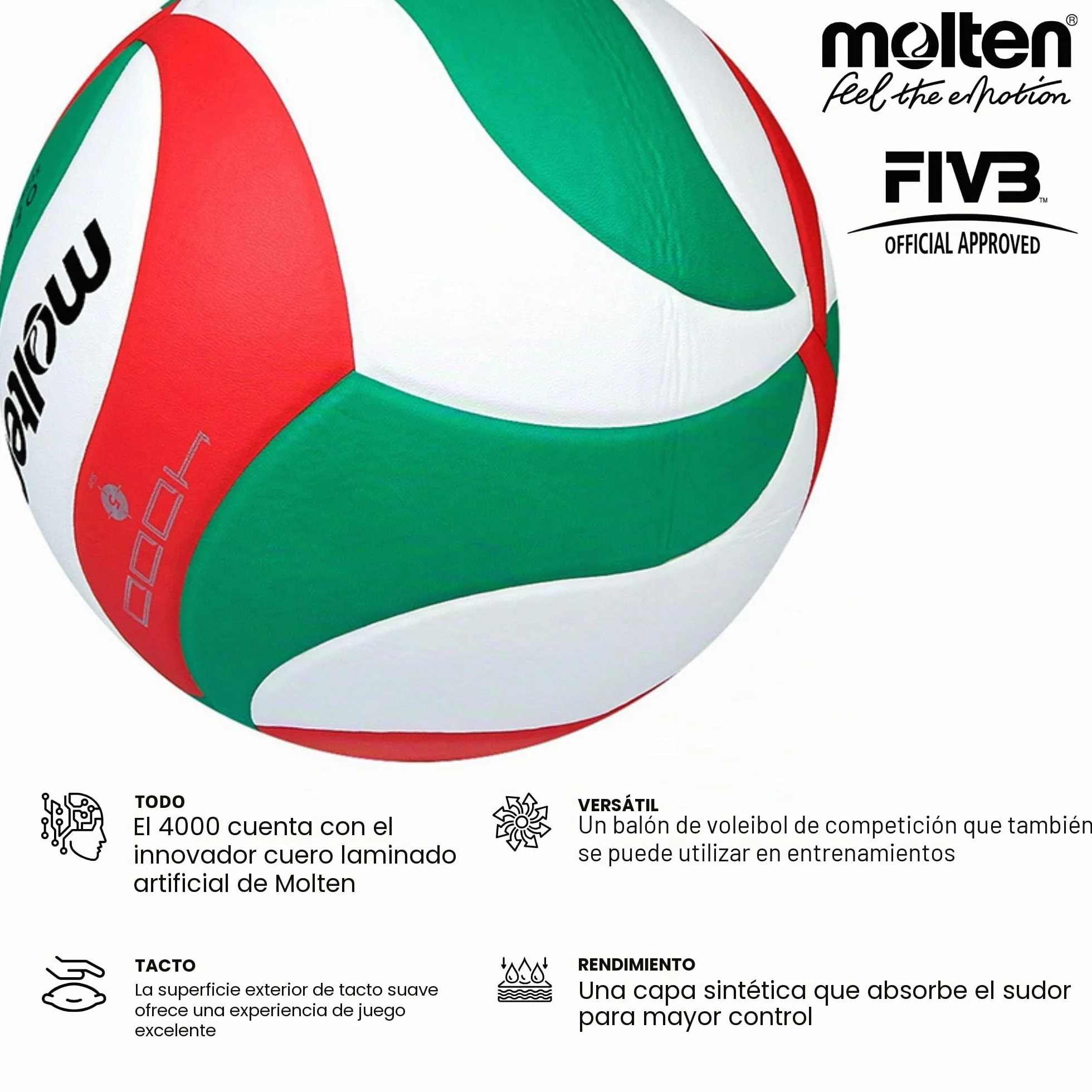 Molten VM4000 Balón de Voleibol Talla 5 Blanco Rojo Verde