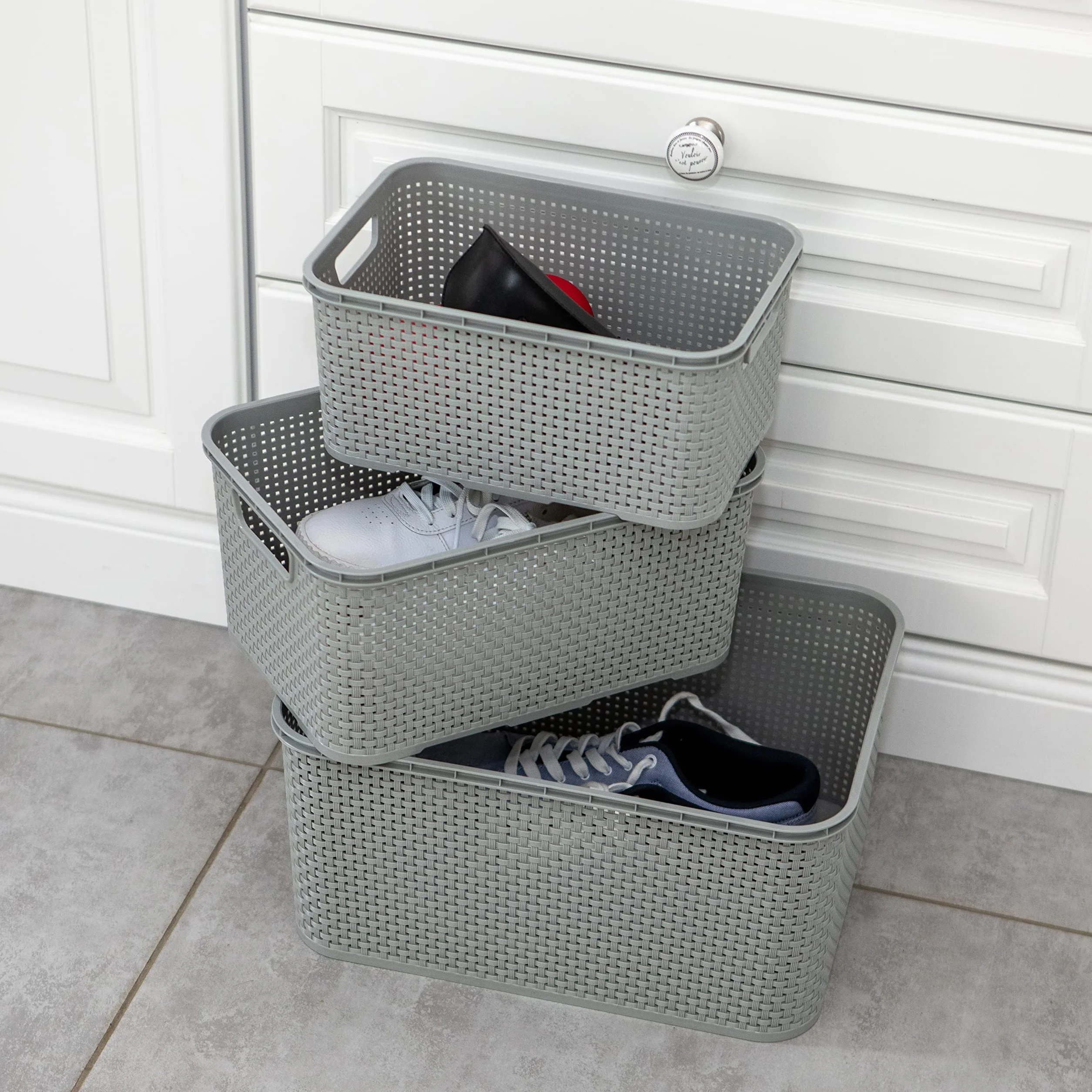 BranQ - Home Essential Cesta universal y multifuncional en diseño de ratán, tamaño S 7 L, sin bisfenol A, plástico polipropileno, gris claro, 28,5 x 19,5 x 12,9 cm