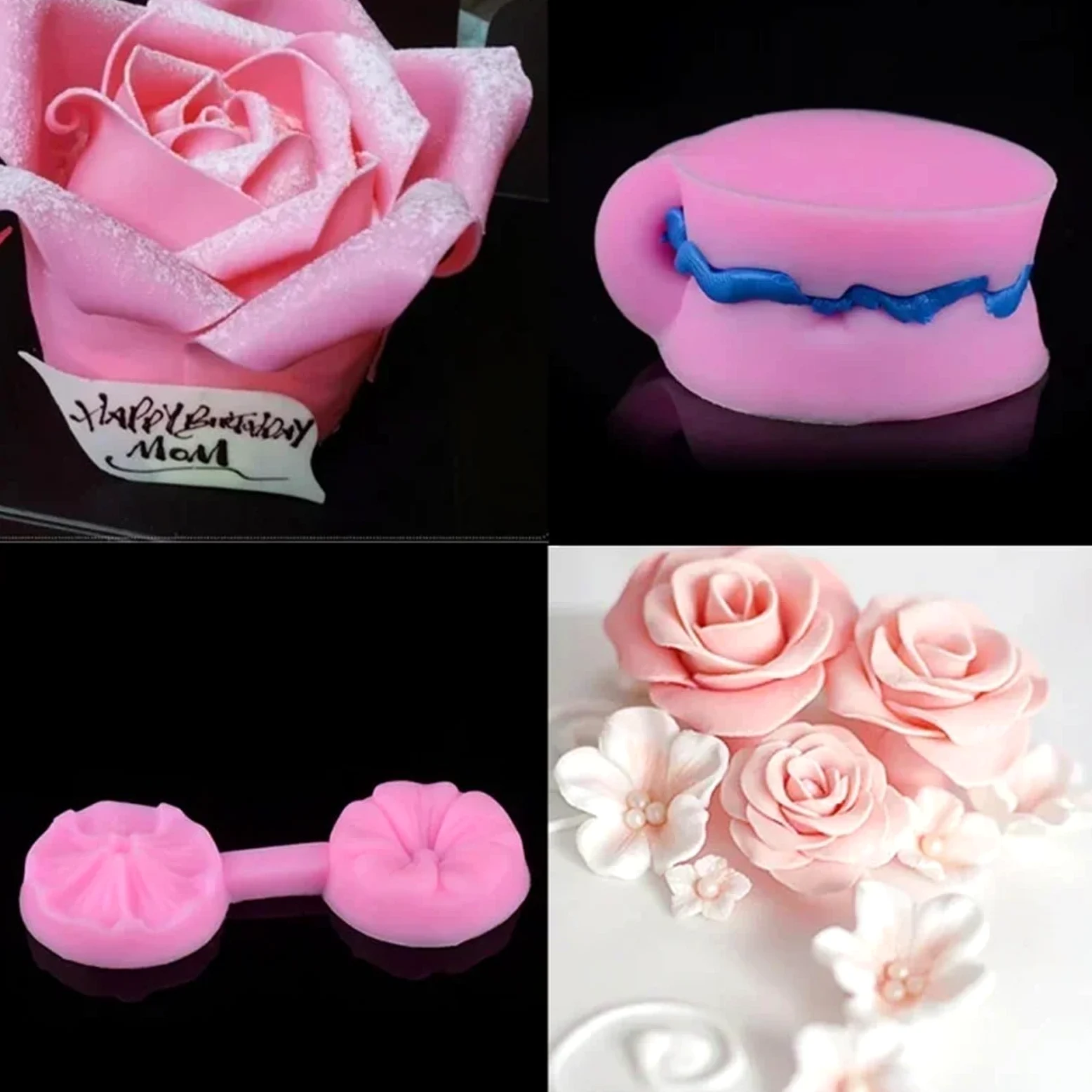 Juego de 4 moldes 3D silicona con forma rosa for decorar pasteles, fondant, chocolate y azúcar Para Repostería Y Postres