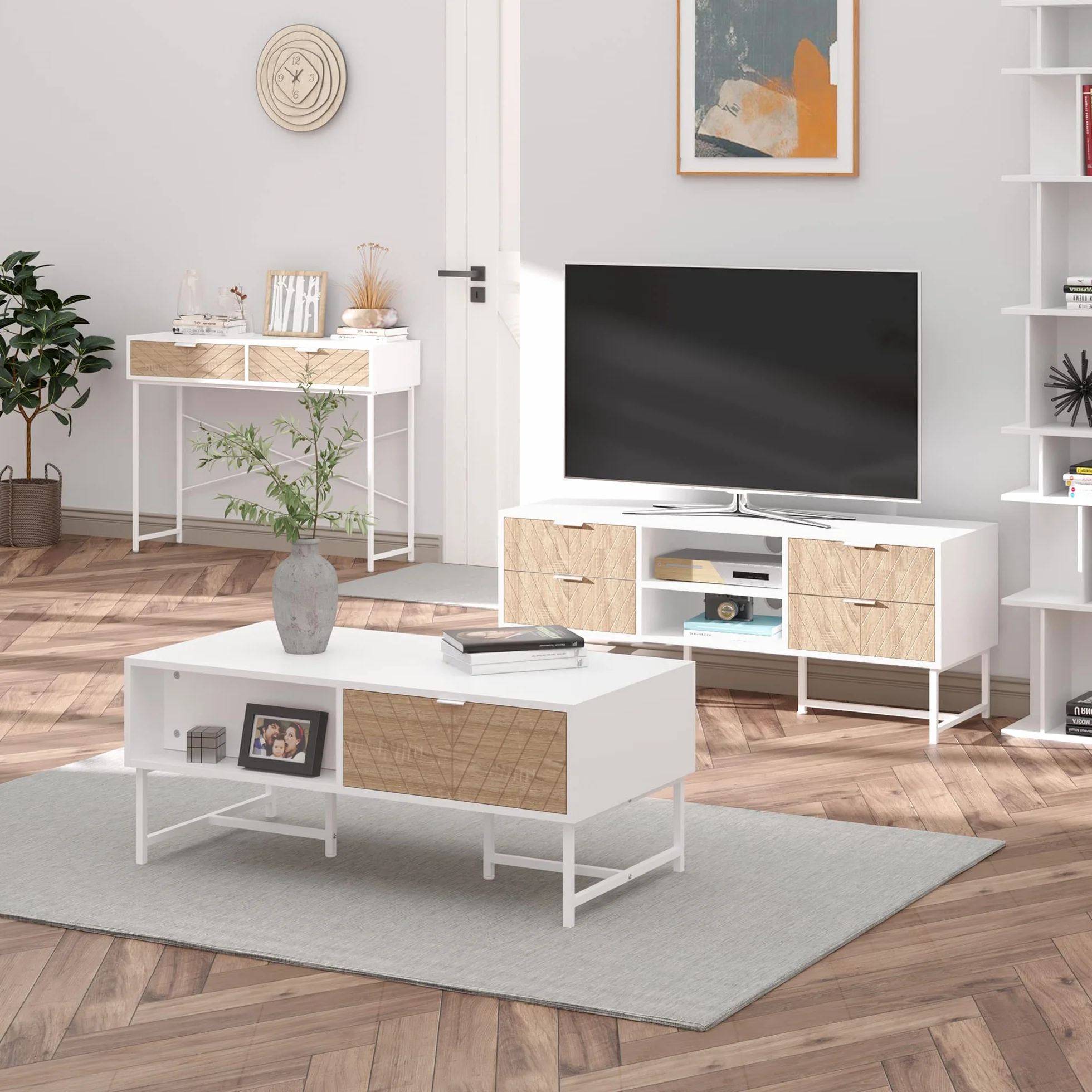 HOMCOM Mesa de Consola Estrecha Mueble Recibidor Mesa de Sofá con 2 Cajones Diseño de Líneas Talladas Estilo Moderna para Pasillo Entrada Salón Dormitorio 100x30x75 cm Blanco y Roble