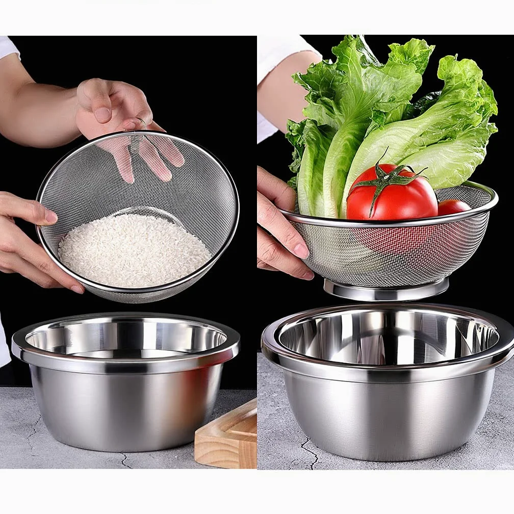 Colador De Acero Inoxidable De Malla Fina, Verduras De Frutas Cesta De Almacenamiento De Drenaje, 18 Cm / 20cm / 22 Cm / 33cm Canasta De Drenaje De Cocina Arroz Lavar El Colador (Color : 24cm Set (me