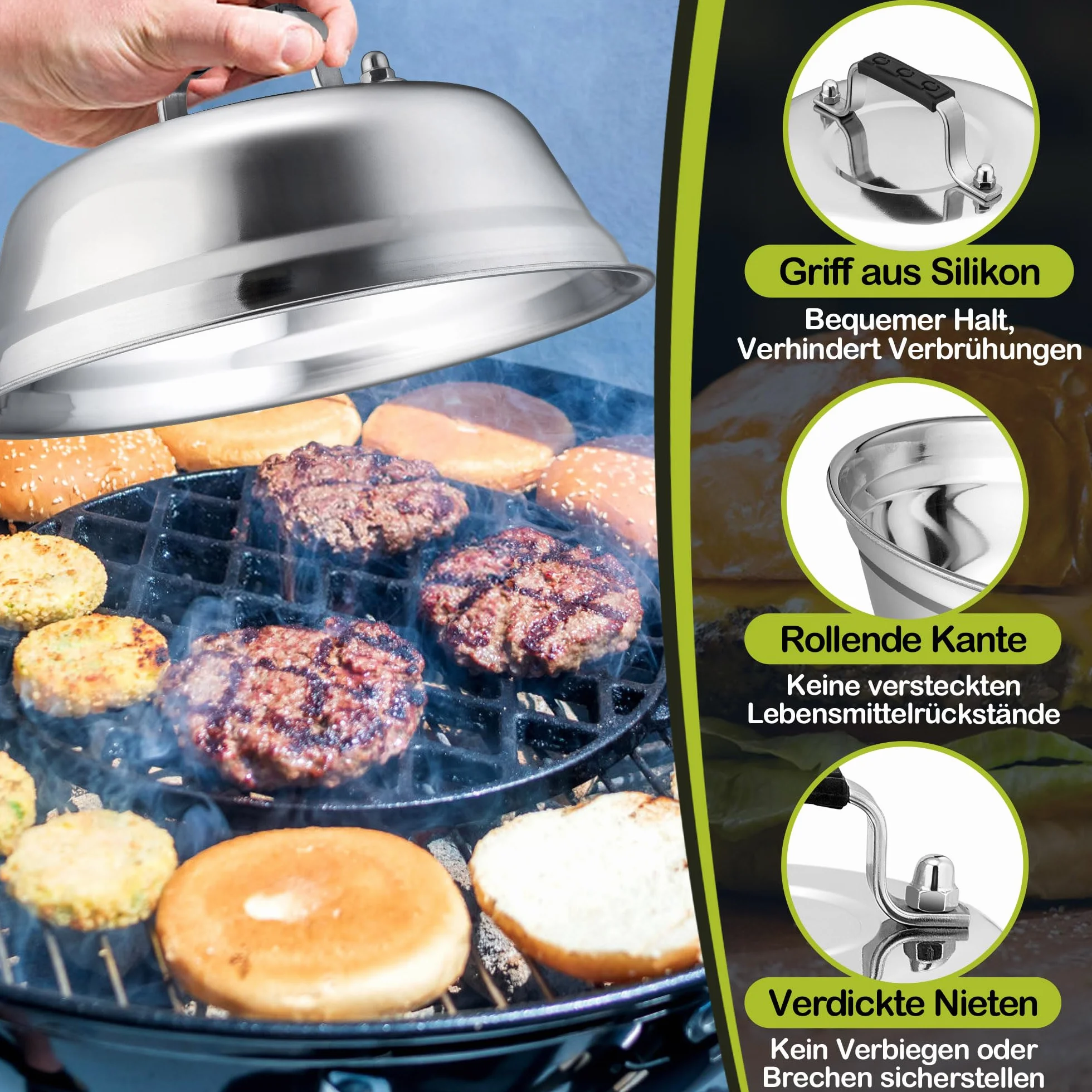 HaWare Campana para hamburguesas, 4 unidades, acero inoxidable, con mango de goma, para barbacoa, carne, queso, teppanyaki, exterior e interior, apto para lavavajillas, 16,8 x 6 cm