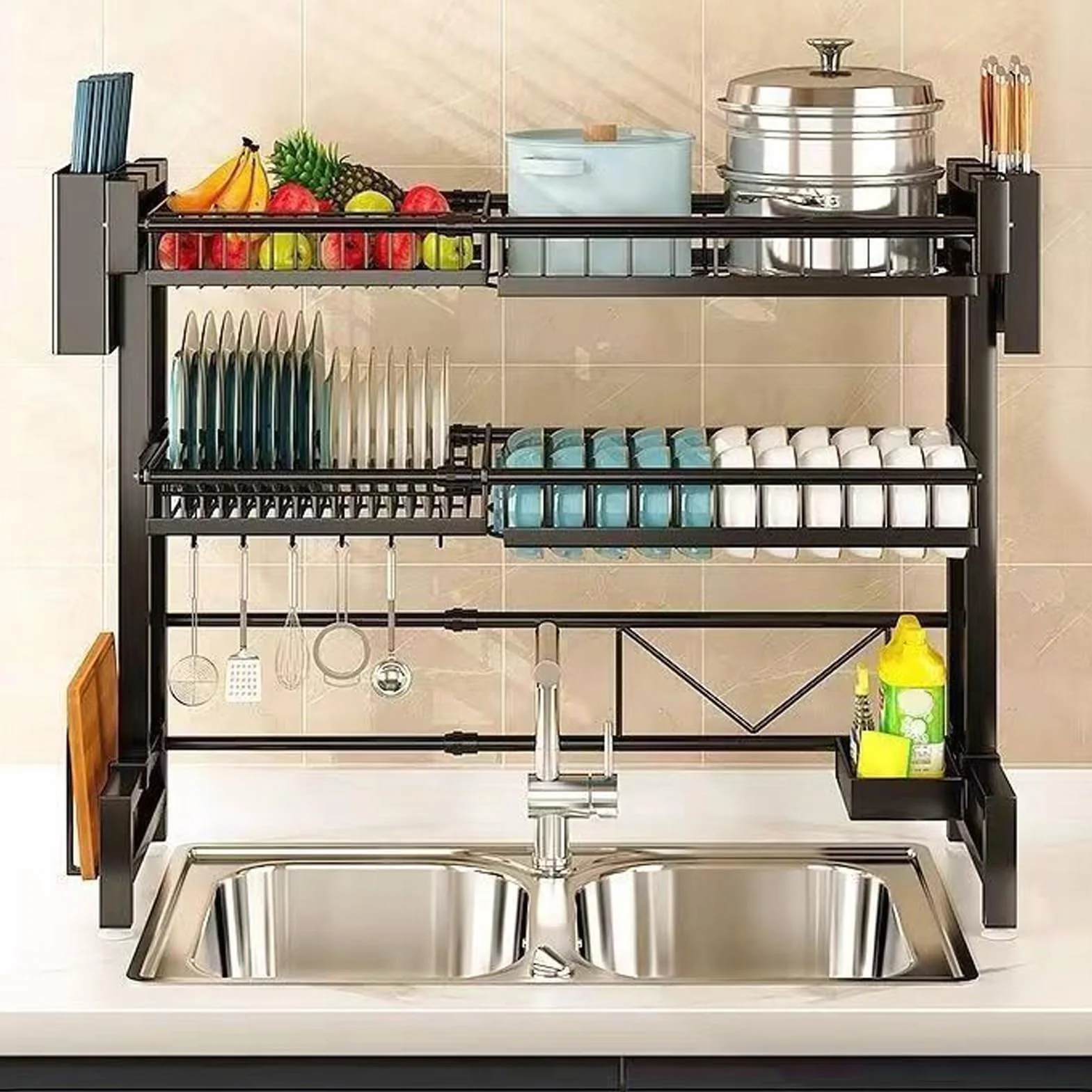 Escurridor de platos sobre el fregadero, escurridor de platos grandes, para fregaderos, estantes para fregaderos de cocina, estantes de secado para encimera de cocina, estante de 2 niveles