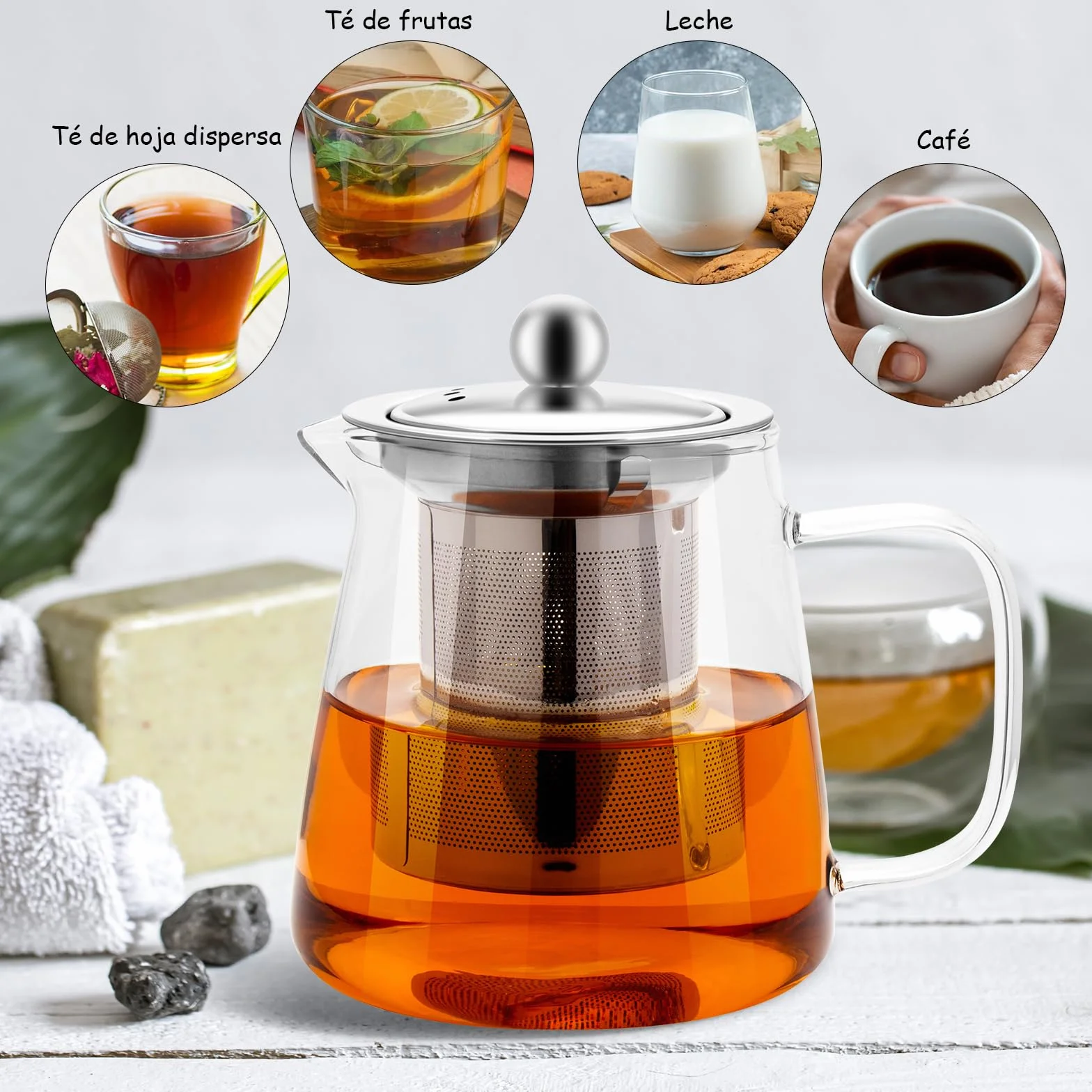 Tetera Borosilicato 750 ml Con Infusor y Colador De Acero Inoxidable, Para Estufa, Té De Hojas Sueltas, Hierbas y Frutas