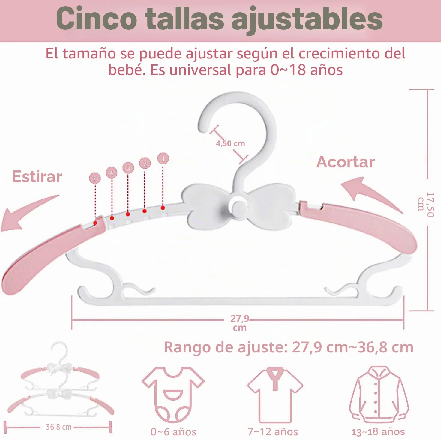 Perchas Bebe Apilables con Ganchos de Mariposa, Plástico Antideslizantes, Juego de 20, Ahorro de Espacio (Rosa + Blanco)