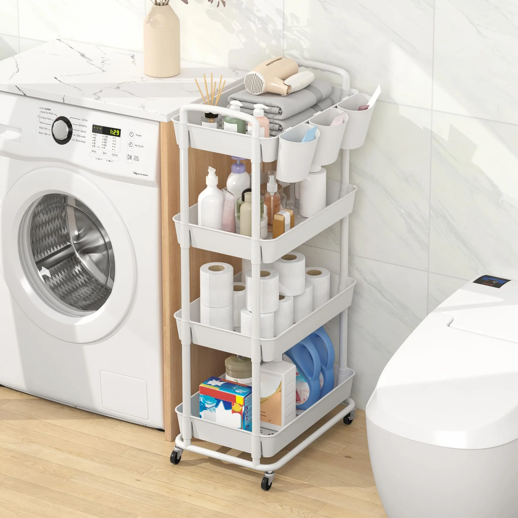 JIUYOTREE Carrito de Almacenamiento de plástico de 4 Niveles con Asas para Colgar adicionales, Ruedas bloqueables para Sala de Estar, baño, Cocina, Oficina, Color Blanco