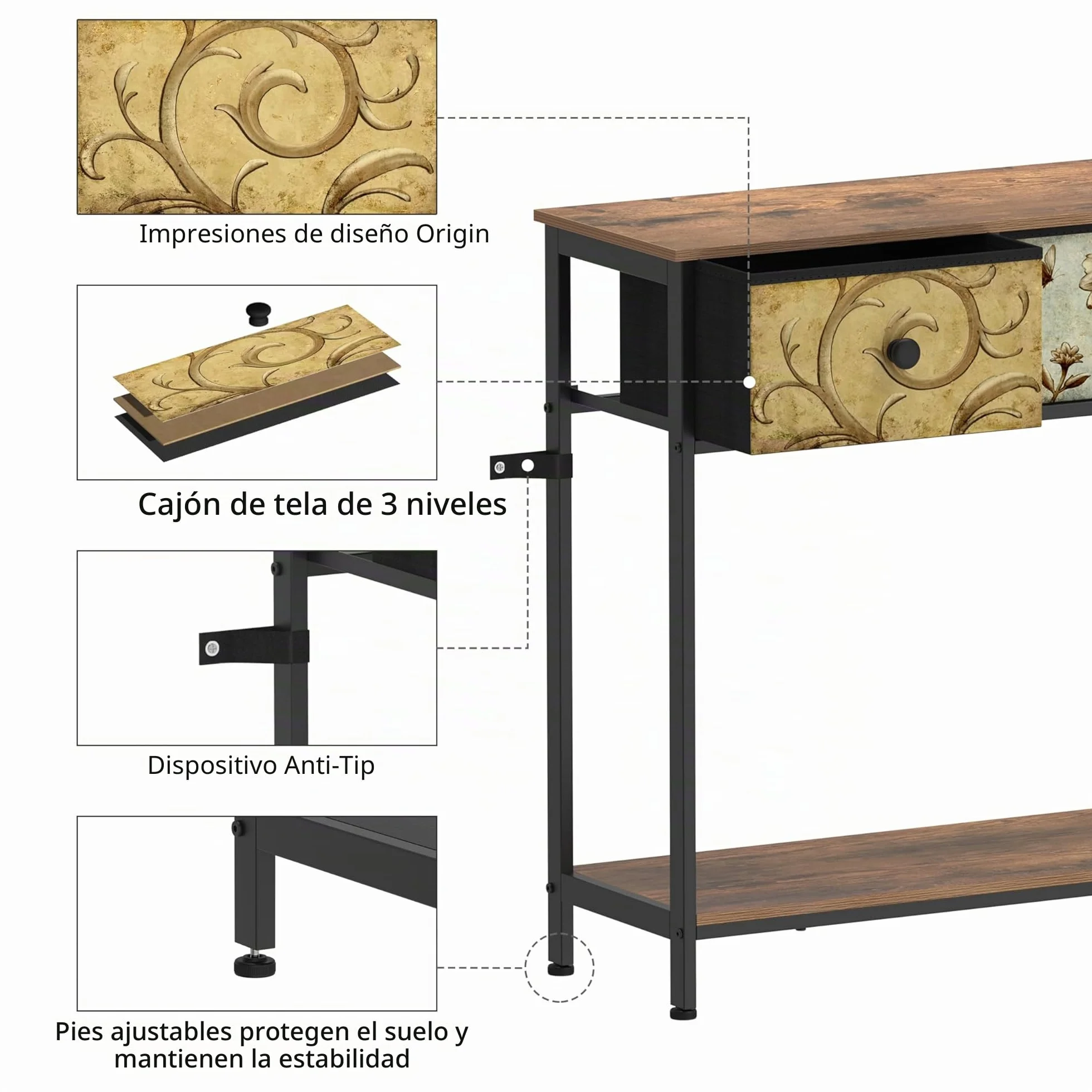 VEDECASA Mesa consola mesa auxiliar con 3 cajones de tela, mesa de pasillo con estantes de almacenamiento abiertos, mesa de entrada, mesa de sofá para pasillo, salón, dormitorio, madera, marco de