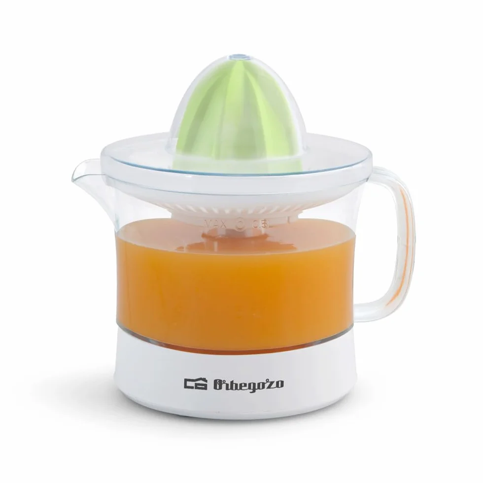 Orbegozo EP 1510, Exprimidor electrico, función automatica de arranque y parada, 25 W, capacidad 0,5 L, apta lavavajillas, 2 conos desmontables, color blanco