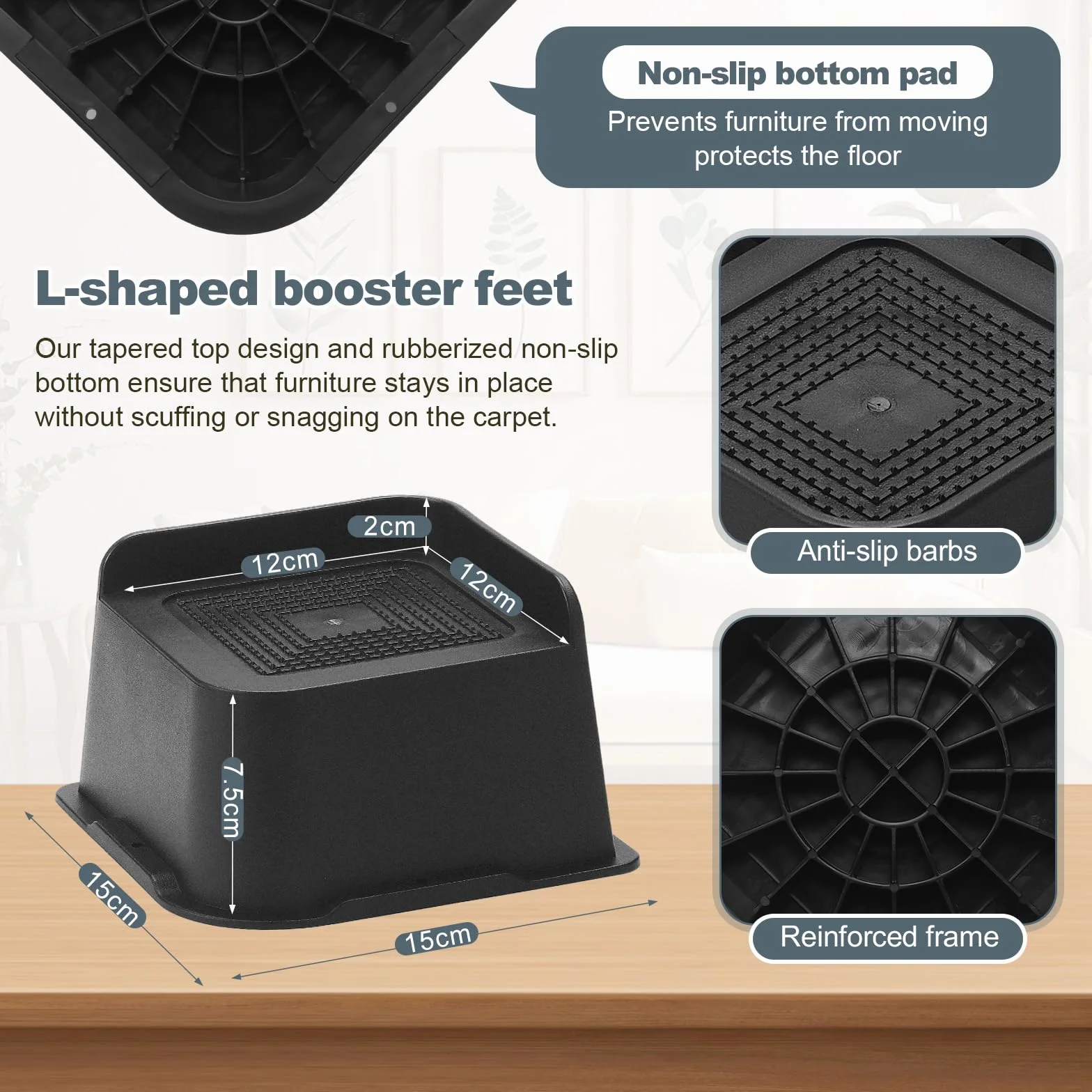 4 elevadores de muebles de plástico negro en forma de L de 3 pulgadas, patas ajustables para cama y mesa con almohadillas antideslizantes