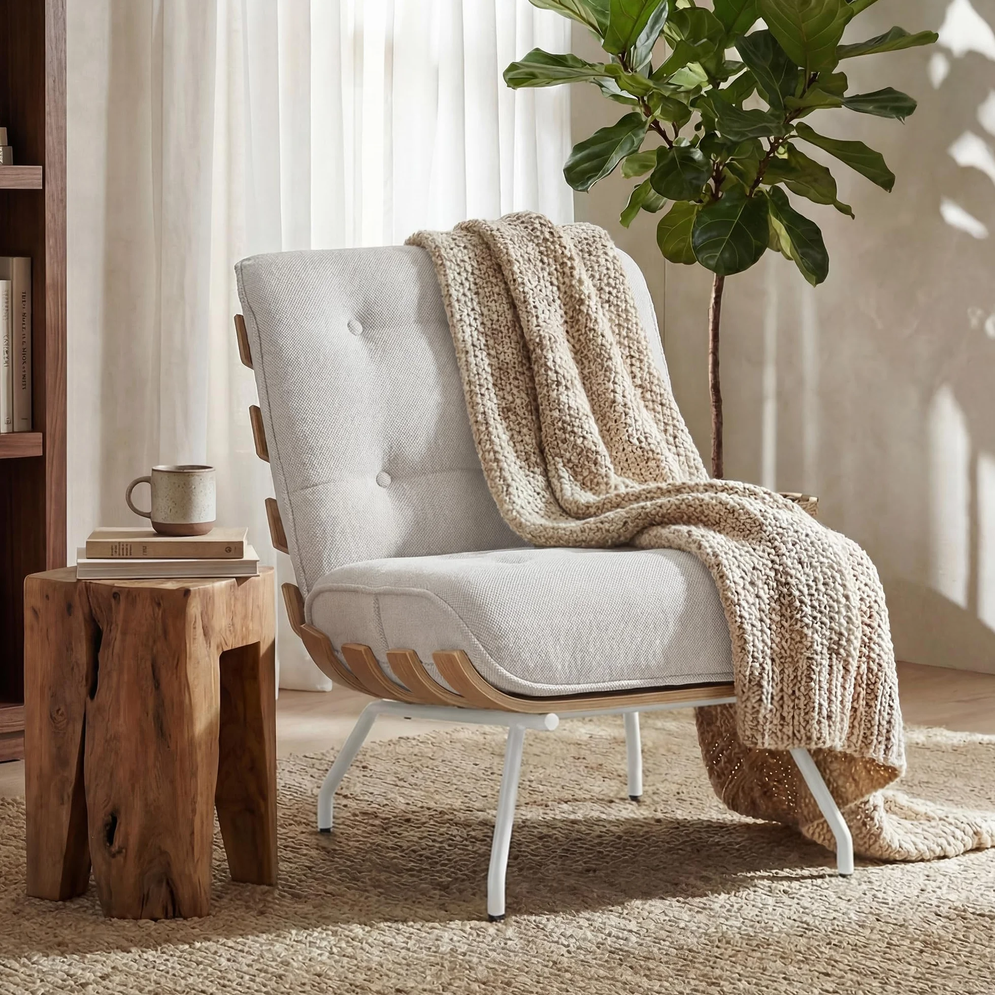 HOMCOM Butaca de Salón, Tapizado en Lino, Sillón Lectura con Asiento Acolchado, Soporte con Listones, Estructura de Acero, Butaca para Sala de Estar, Dormitorio, Crema