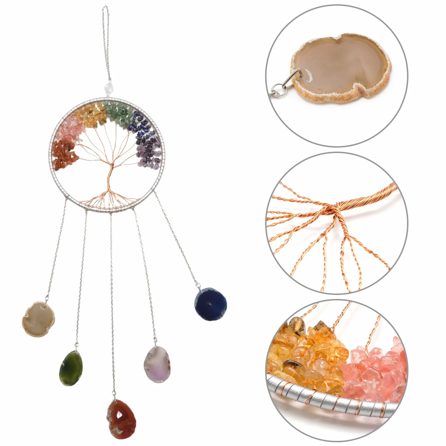Hoypeyfiy Cristales árbol de la vida atrapasueños, piedra preciosa natural ágata chakra escudo colgante de pared decoración del hogar para meditación yoga arte de pared