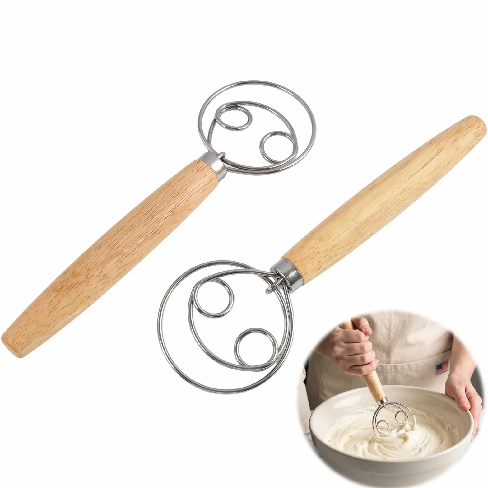 Batidor de Masa Danés de Acero Inoxidable con Mango de Madera,Doble Espiral, Mezclador de Masa para Pan, Masa de Pizza, Pastelería, Herramienta de Panadería, Mezclador de Mano