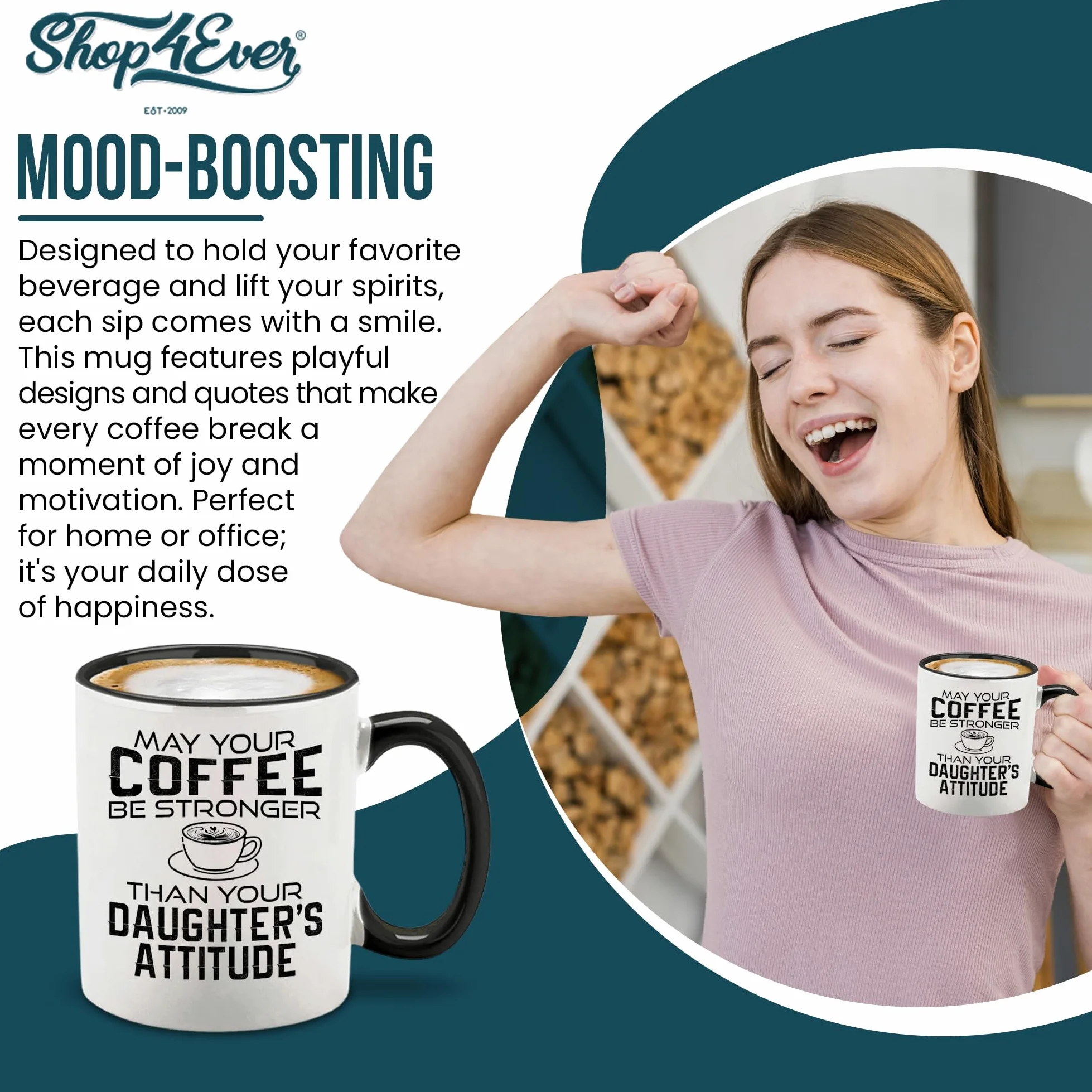 shop4ever Taza de café de cerámica con texto en inglés "May Your Coffee Be Stronger Than Your Daughter's Attitud", taza de café divertida para el día de la madre, regalo de broma, 325 ml (mango negro)