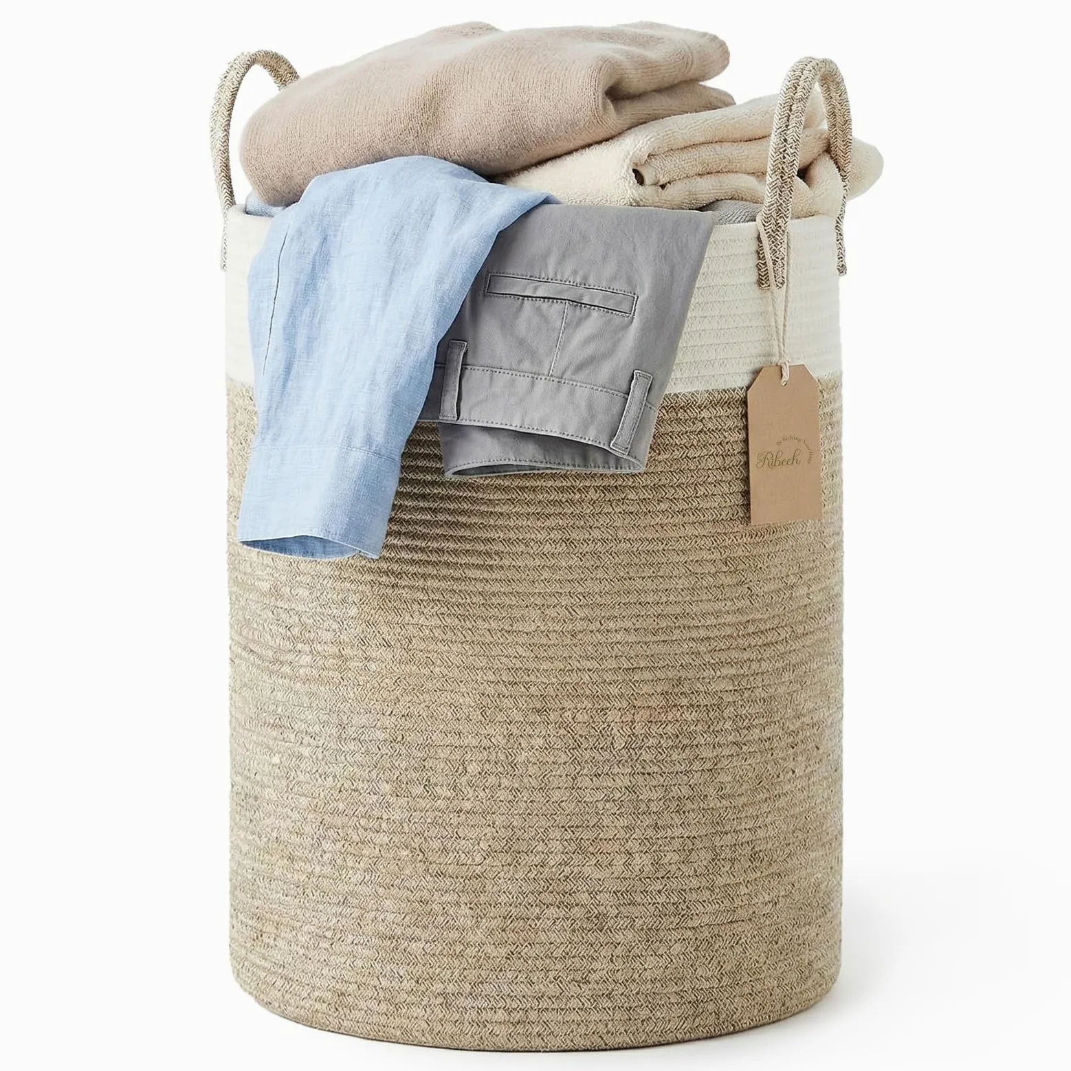Cesta para Ropa en Cuerda Trenzada, 58L Gran Cesta de Almacenamiento – Dos Tostados Marrón & Blanco, con Asas para Dormitorio, Salón & Cuarto Infantil (38x38x50 cm)