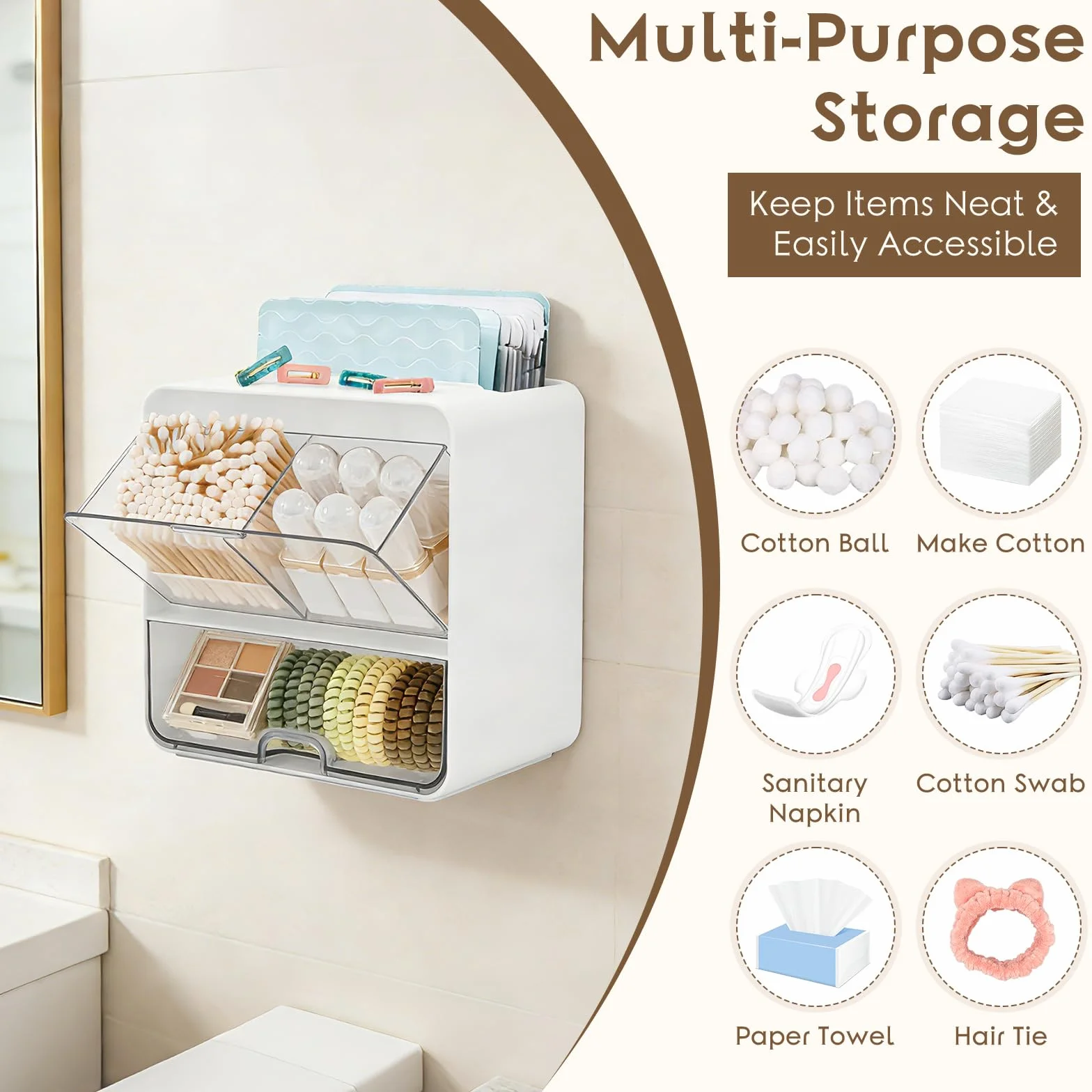 Qivine Organizador de Compresas, Caja para Guardar Tampones y Compresas con 4 Compartimentos, Dispensador de Almohadillas de Algodón con Tapa Transparente , para Baño, Tocador, Salón