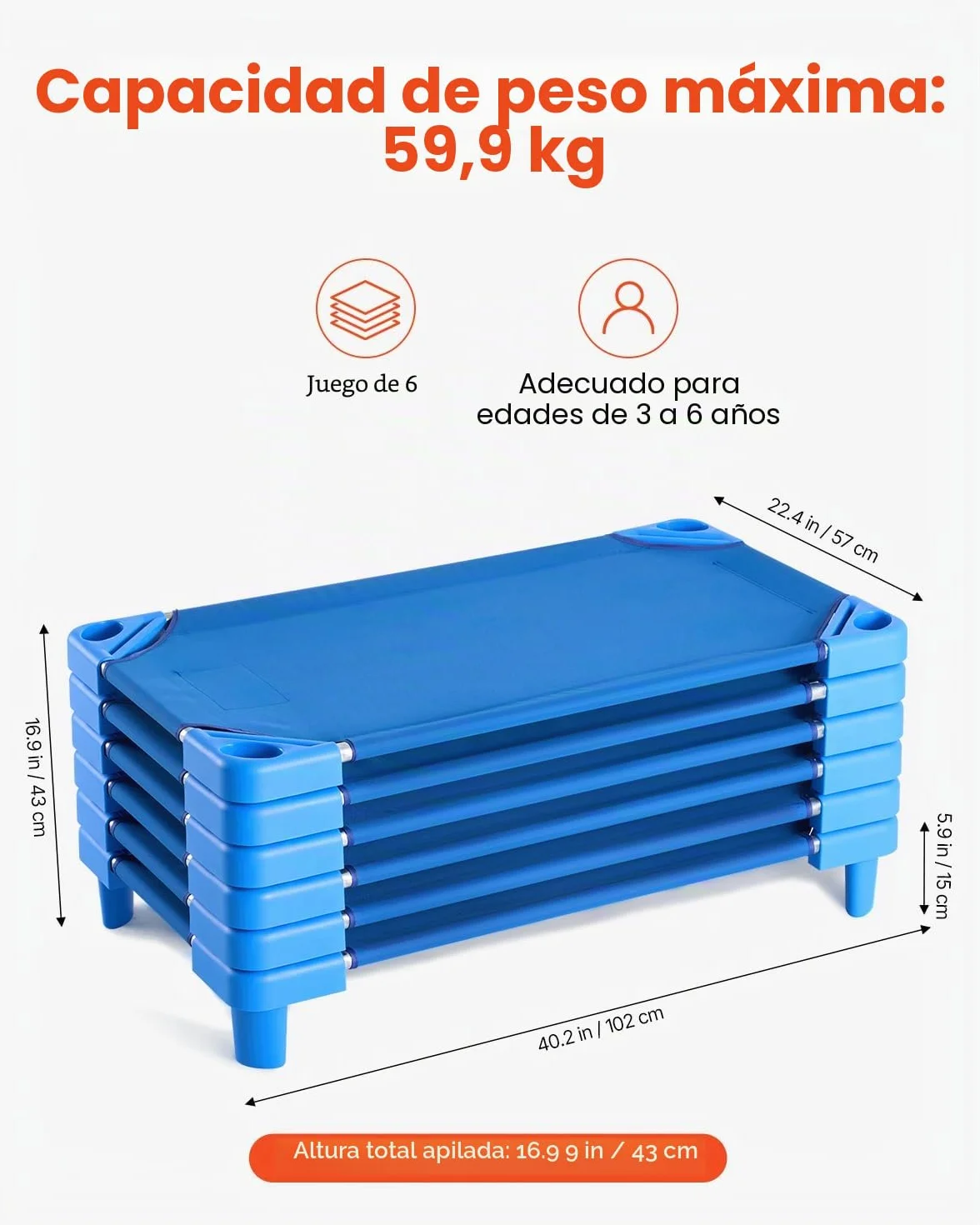 VEVOR Cuna Apilable para Niños 6 Piezas Cuna Portátil para Siesta de Niños 102x57 cm Cunas para Guardería para Niños Camas para Guardería en Aulas Preescolares para Dormir, Descansar, Siestas, Azul