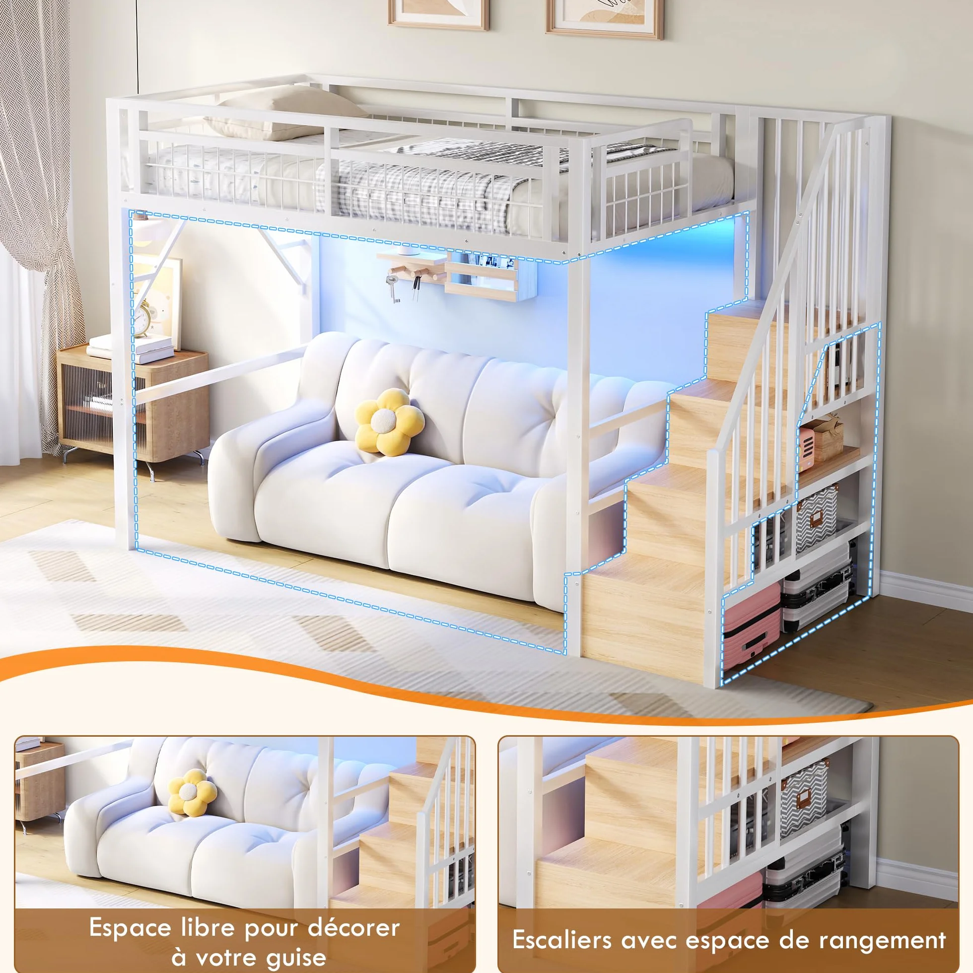 Lubvtti Cama alta de metal 90 x 200 cm con luz LED, cama individual tipo loft, espacio utilizable debajo de la cama, escalera de seguridad con espacio de almacenamiento, blanco (colchón no incluido)