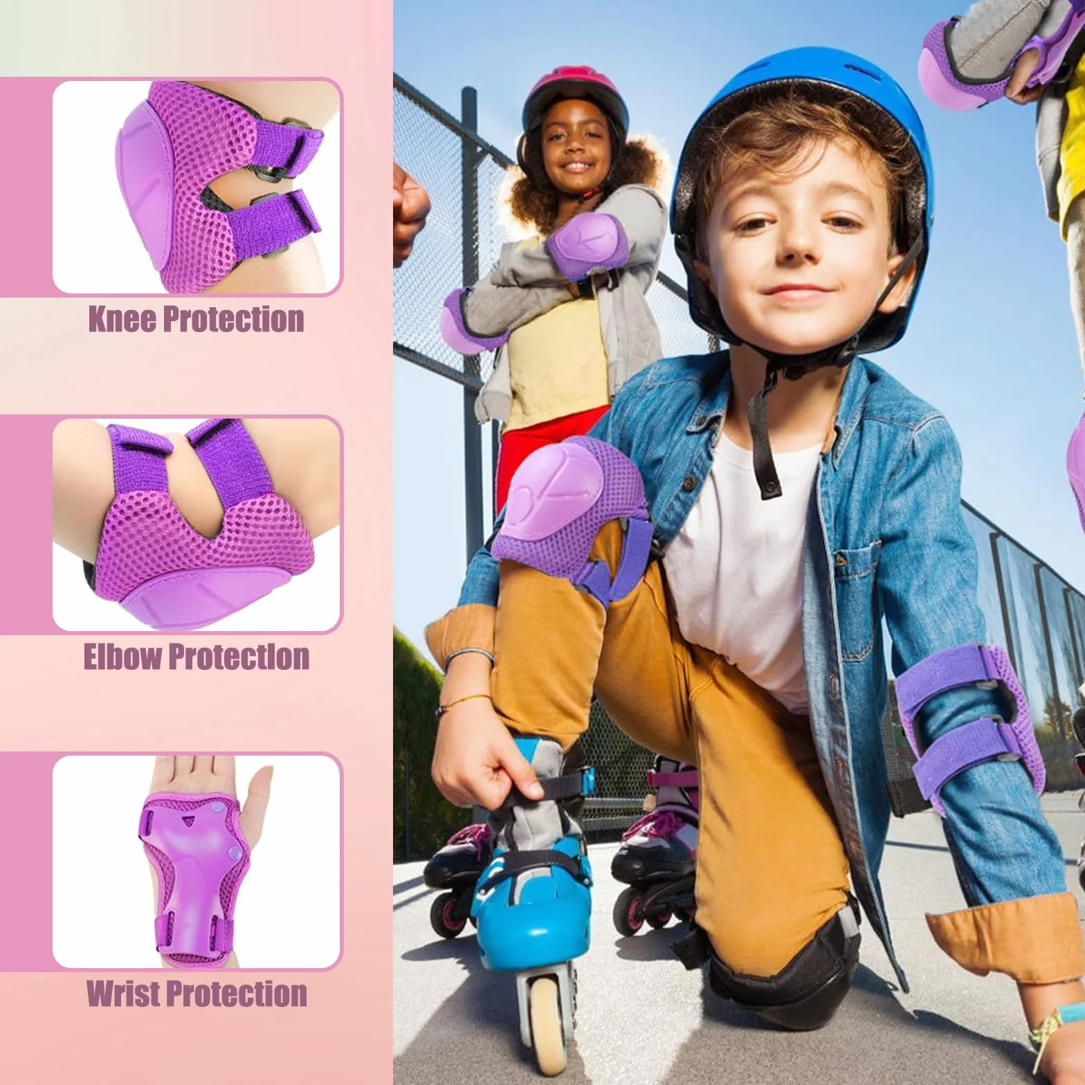 Rodilleras y Coderas Ajustables para Niños, 6 en 1 para Monopatín, Patines, Hoverboard (Rosa/Morado)