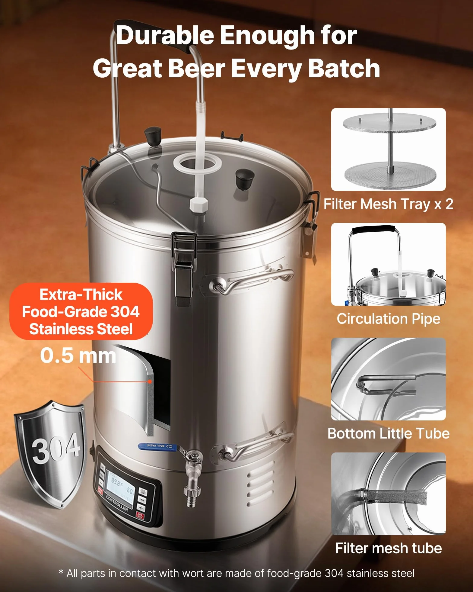 VEVOR Destilacion para Alcohol 30 L Olla De Acero Inoxidable para Cerveza 100-2500 W Destilacion para Alcohol 42 x 35,5 x 82 cm Pantalla LCD con Múltiples Funciones, Bomba de Circulación para Cocina